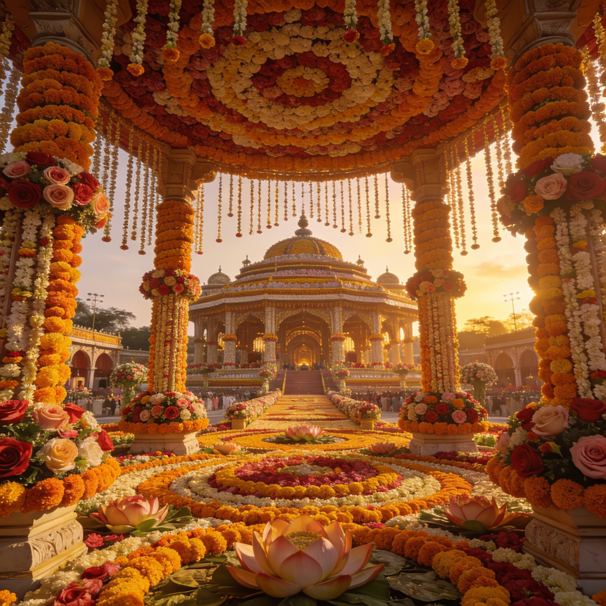 Ceremonial mandap decorated at the scale of the Pran Pratishtha