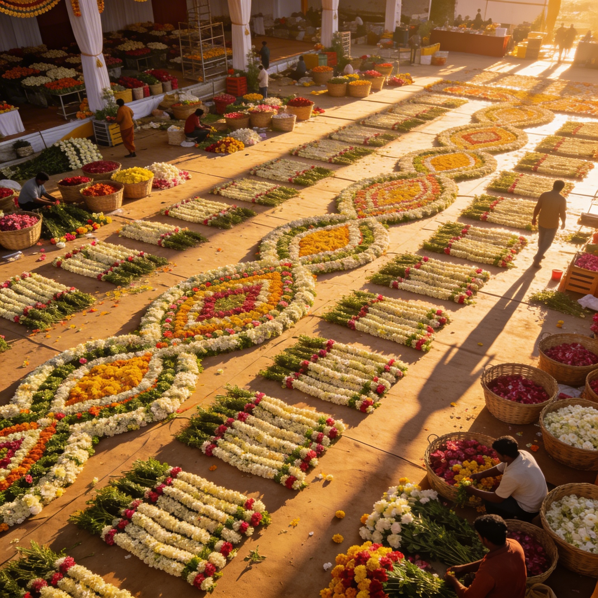 Aerial view of massive event space being decorated with hundreds of garlands and thousands of flowers