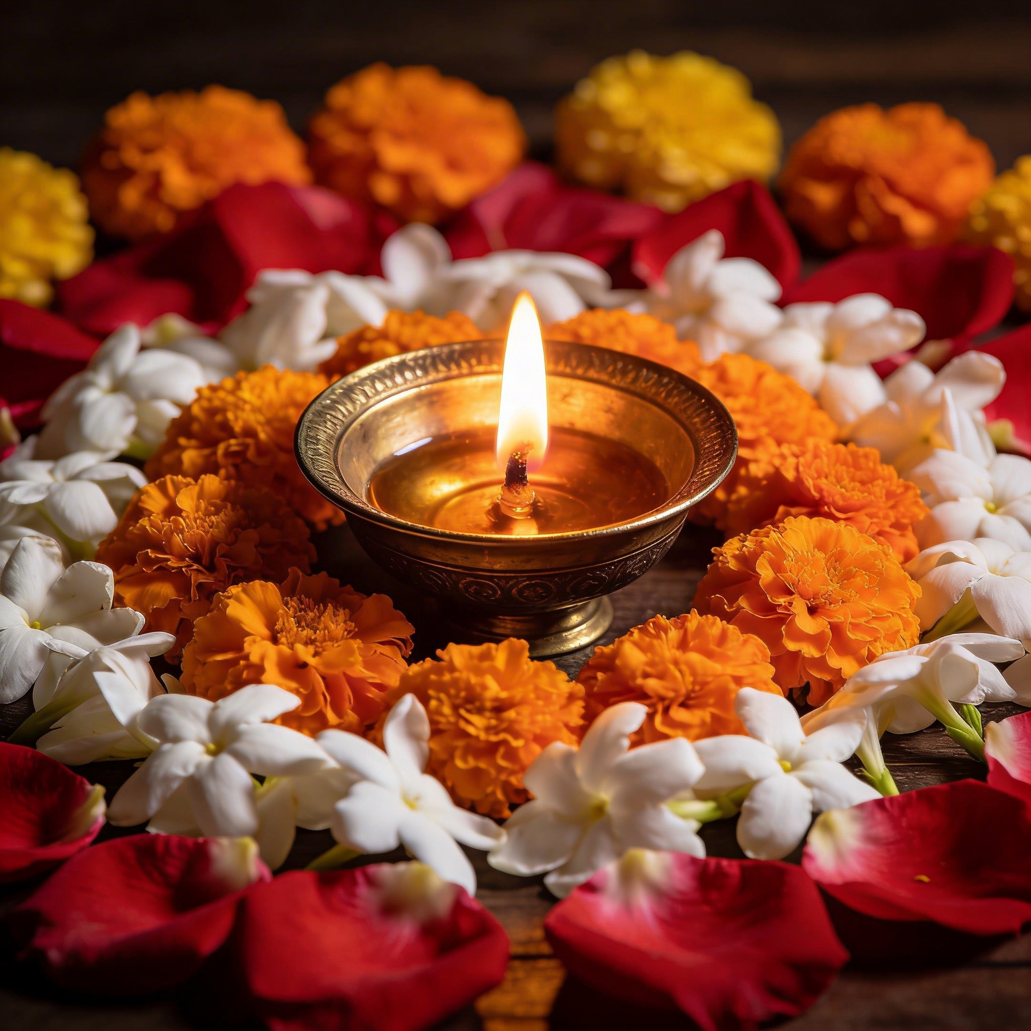Lit brass diya surrounded by flower petals