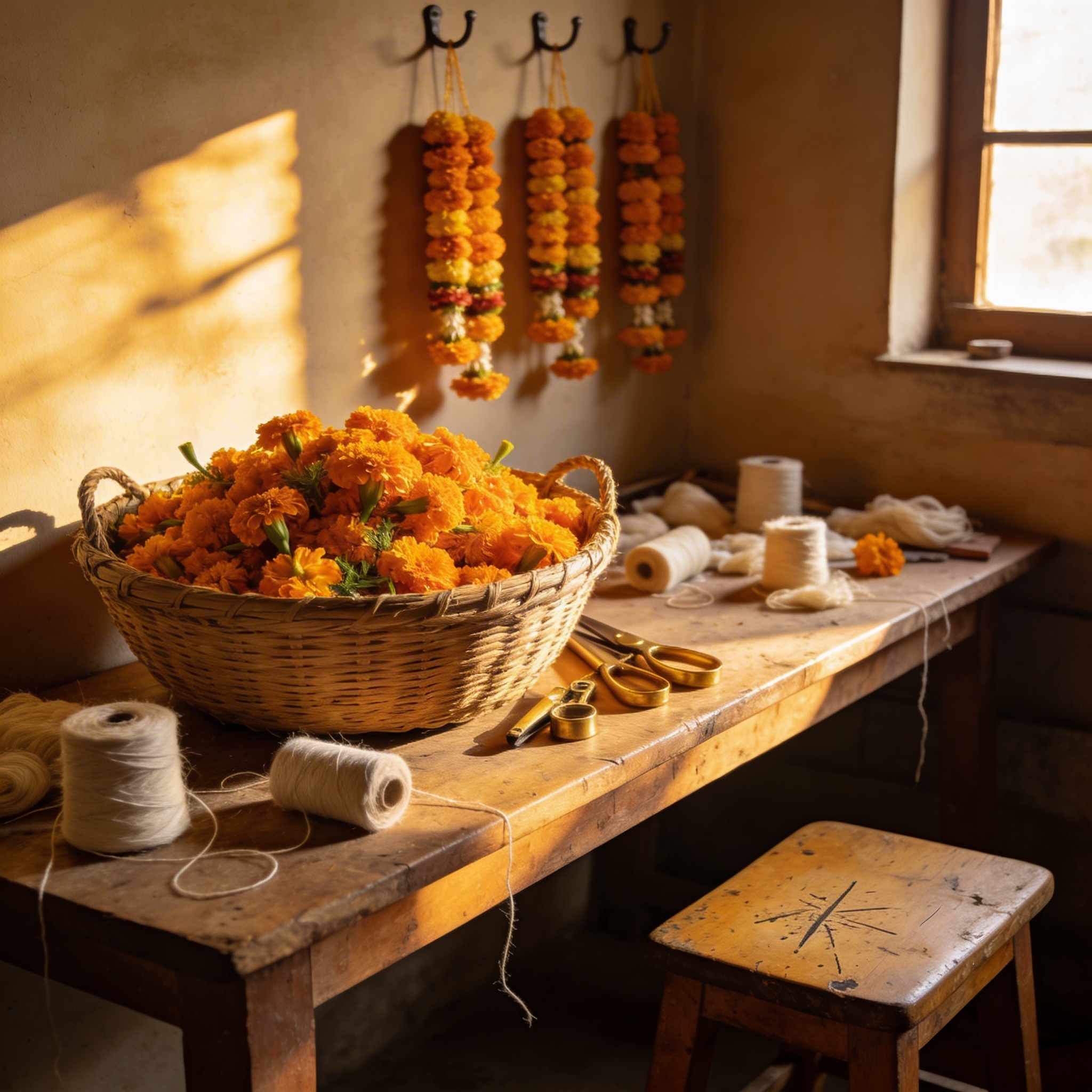 Family workspace where garlands are strung and flowers prepared for seva
