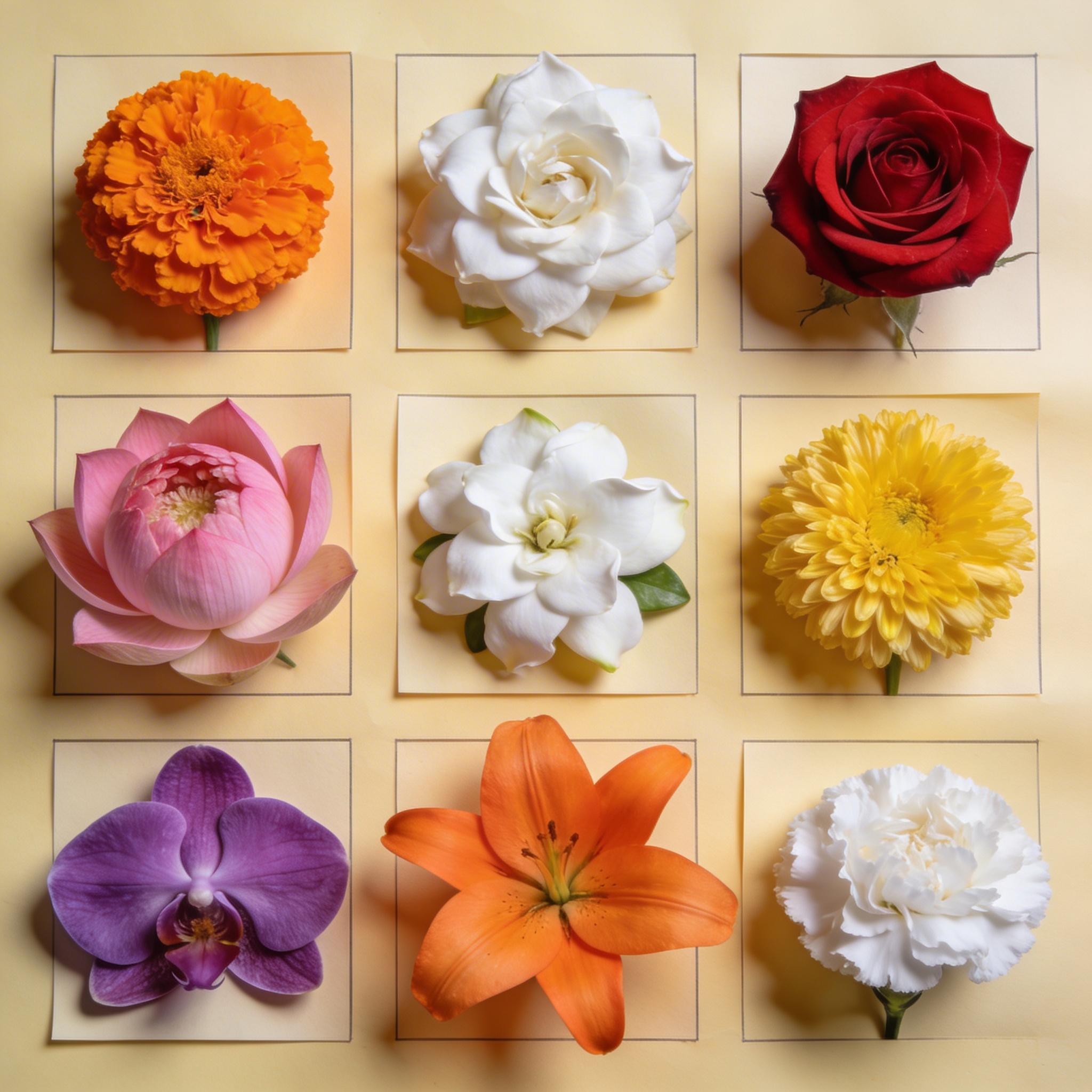 Nine different fresh flowers in 3x3 grid: marigold, rose, rajnigandha, lotus, jasmine, chrysanthemum, orchid, lily, carnation