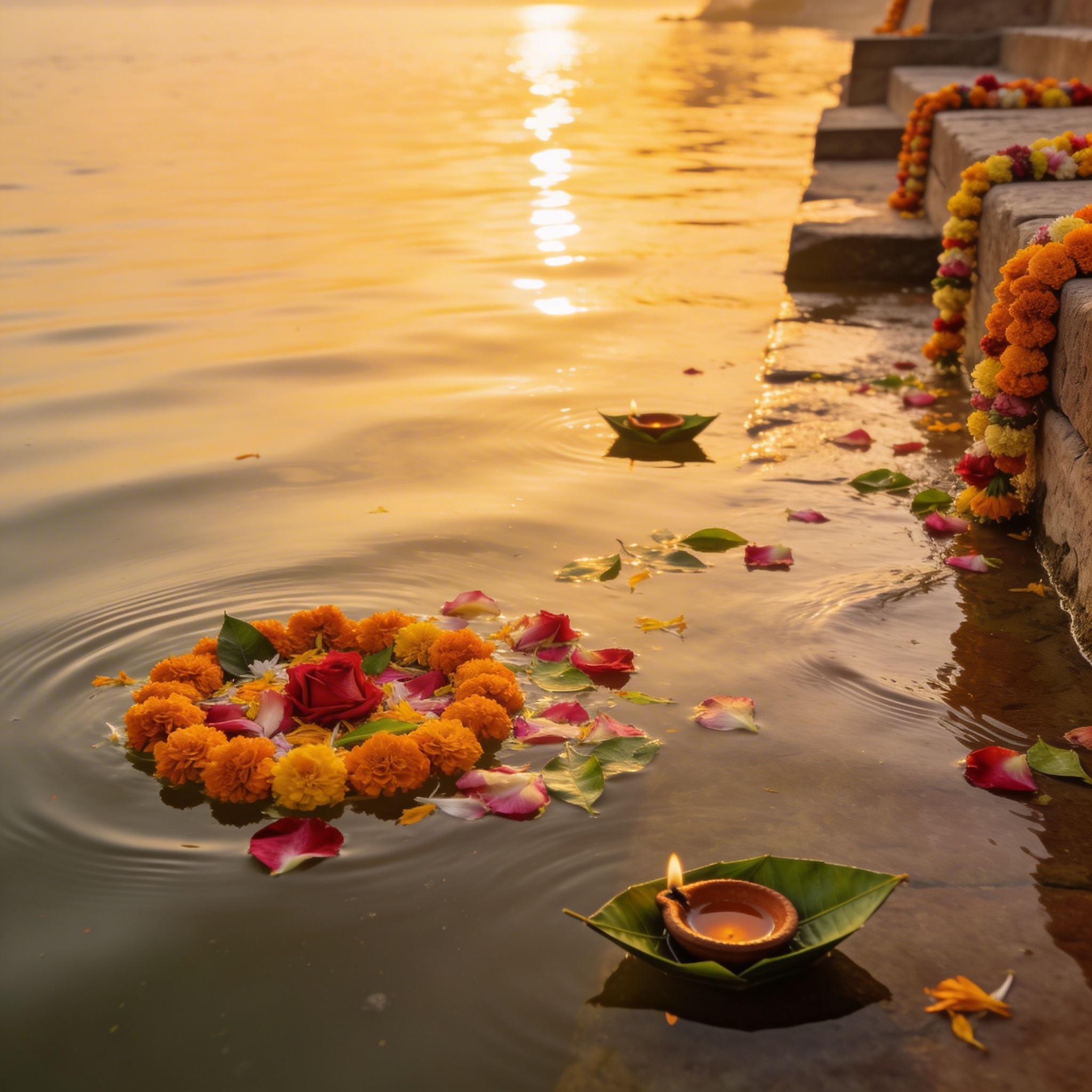 Fresh flower offerings floating on calm river water at dawn, marigold garlands and rose petals and leaf boats with diyas