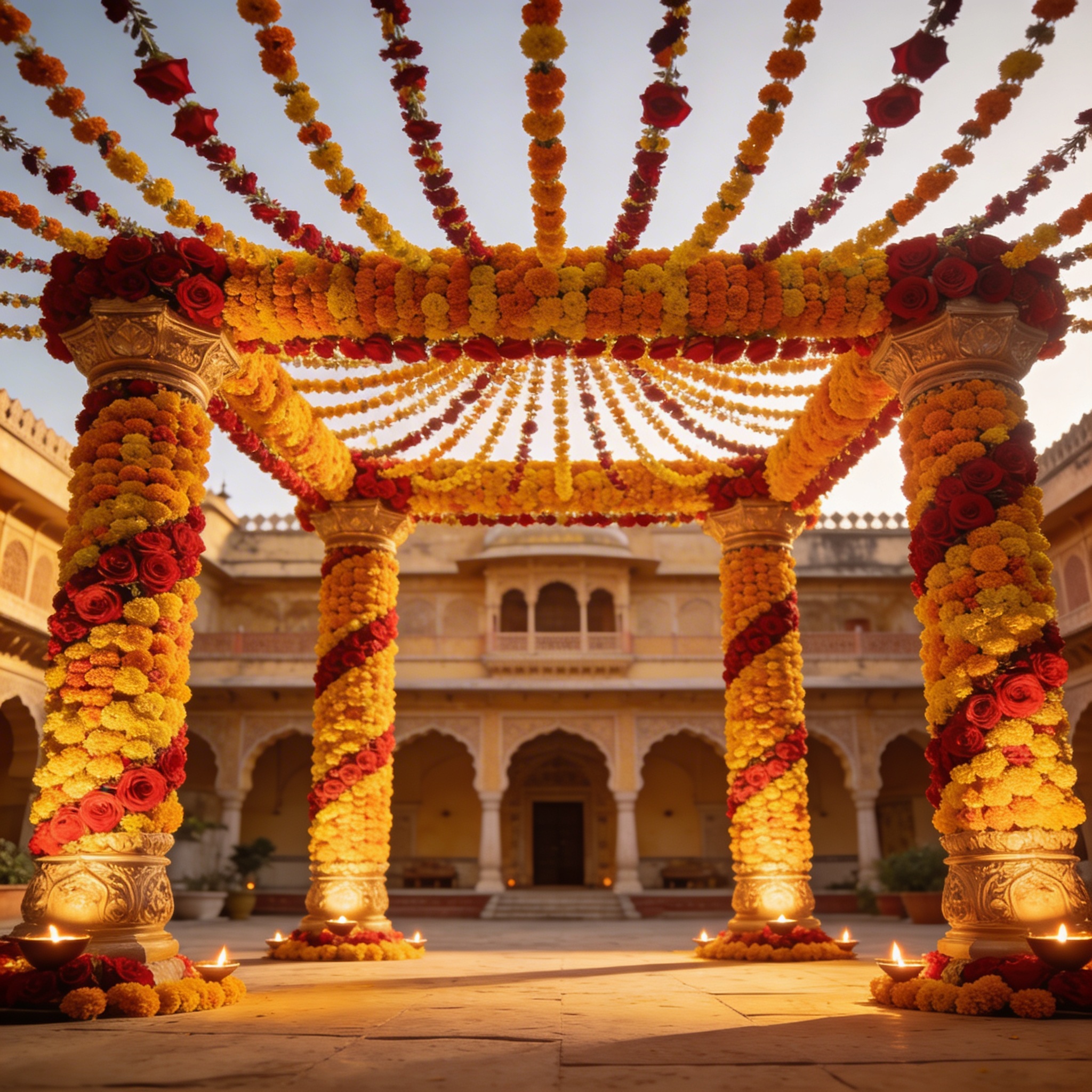 Rajasthani palace courtyard mandap covered in marigold and rose garlands