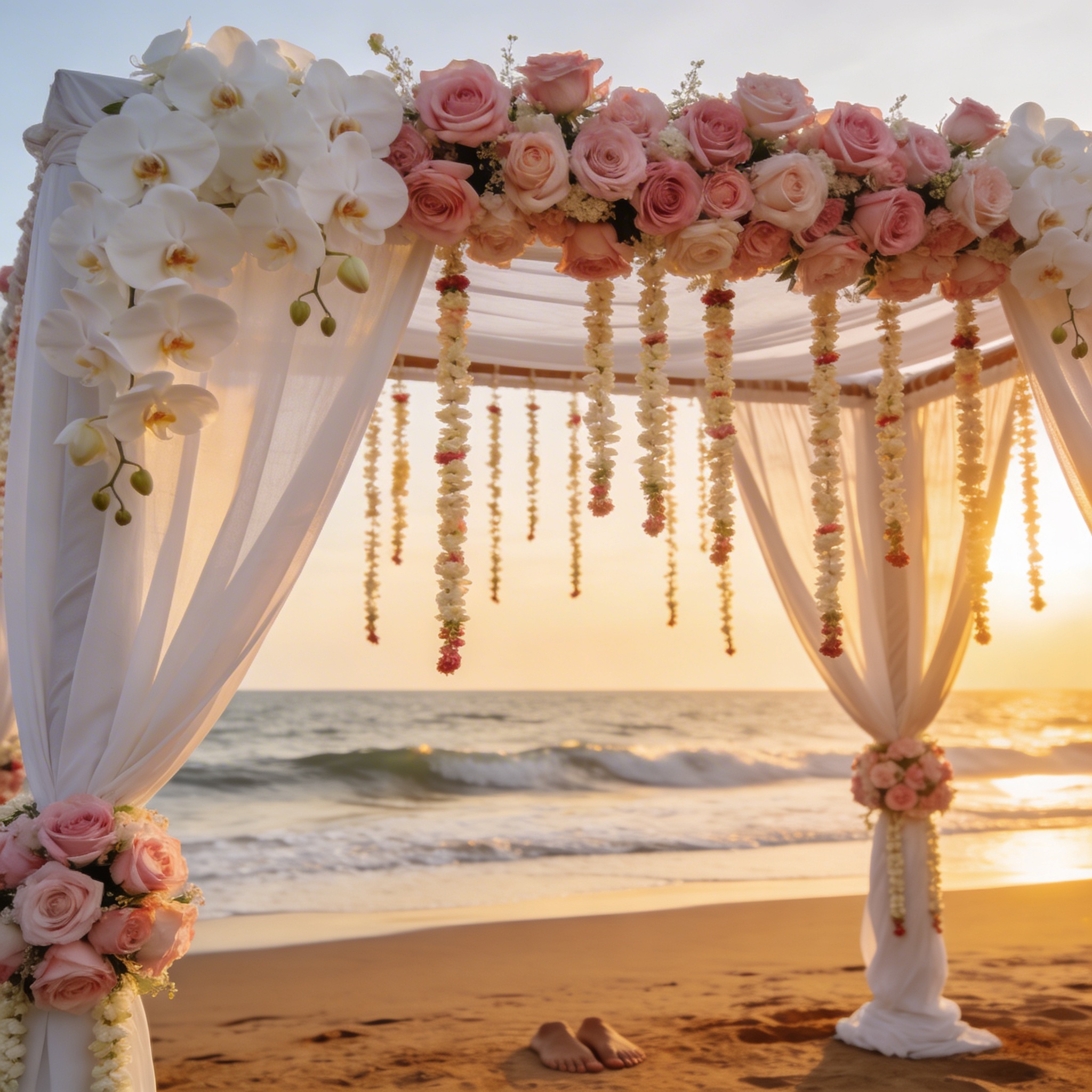 Beach wedding mandap on Goa shoreline with white orchids at sunset