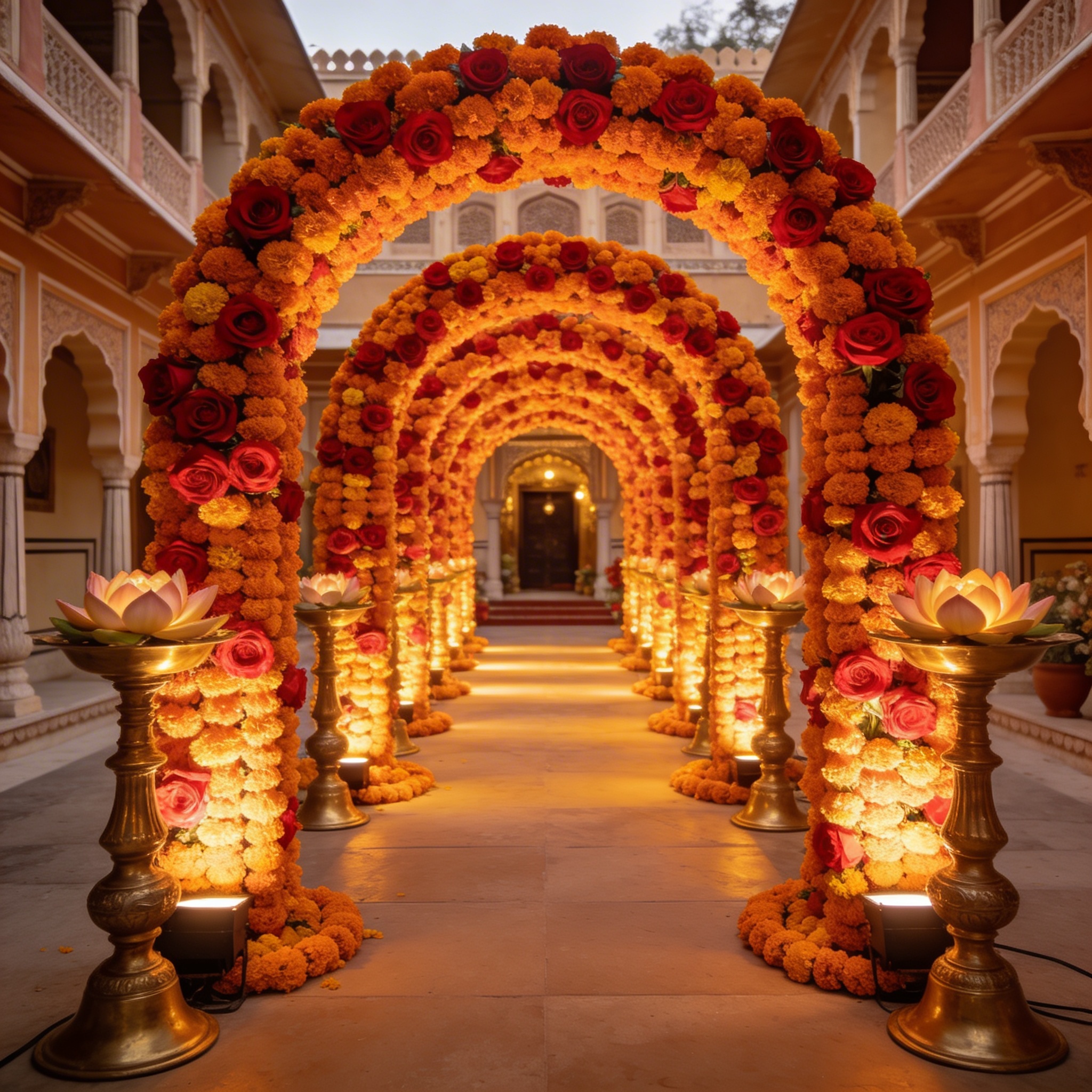 Flower-decorated entrance gate at a North Indian haveli wedding