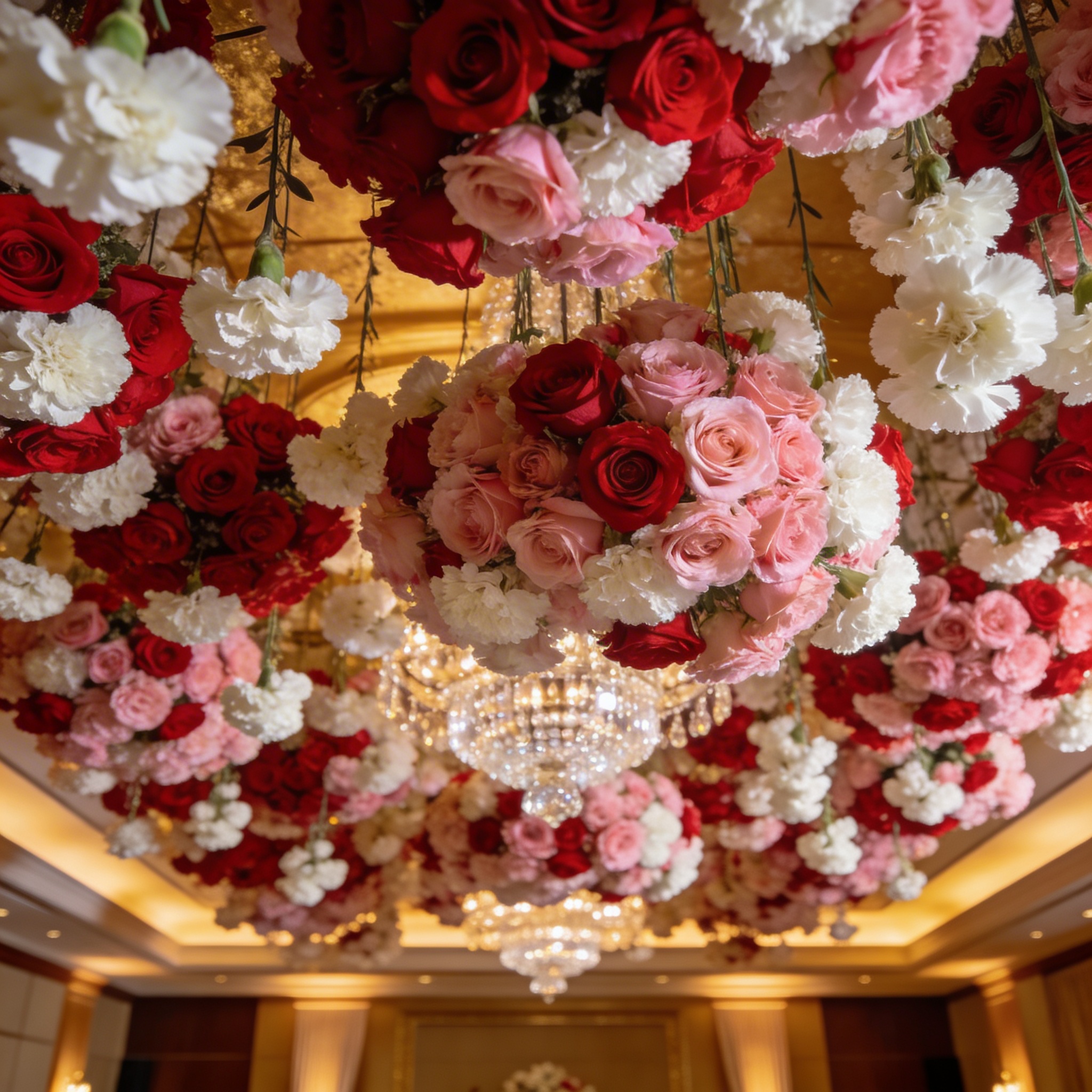 Luxury banquet hall ceiling covered in hanging roses and carnations