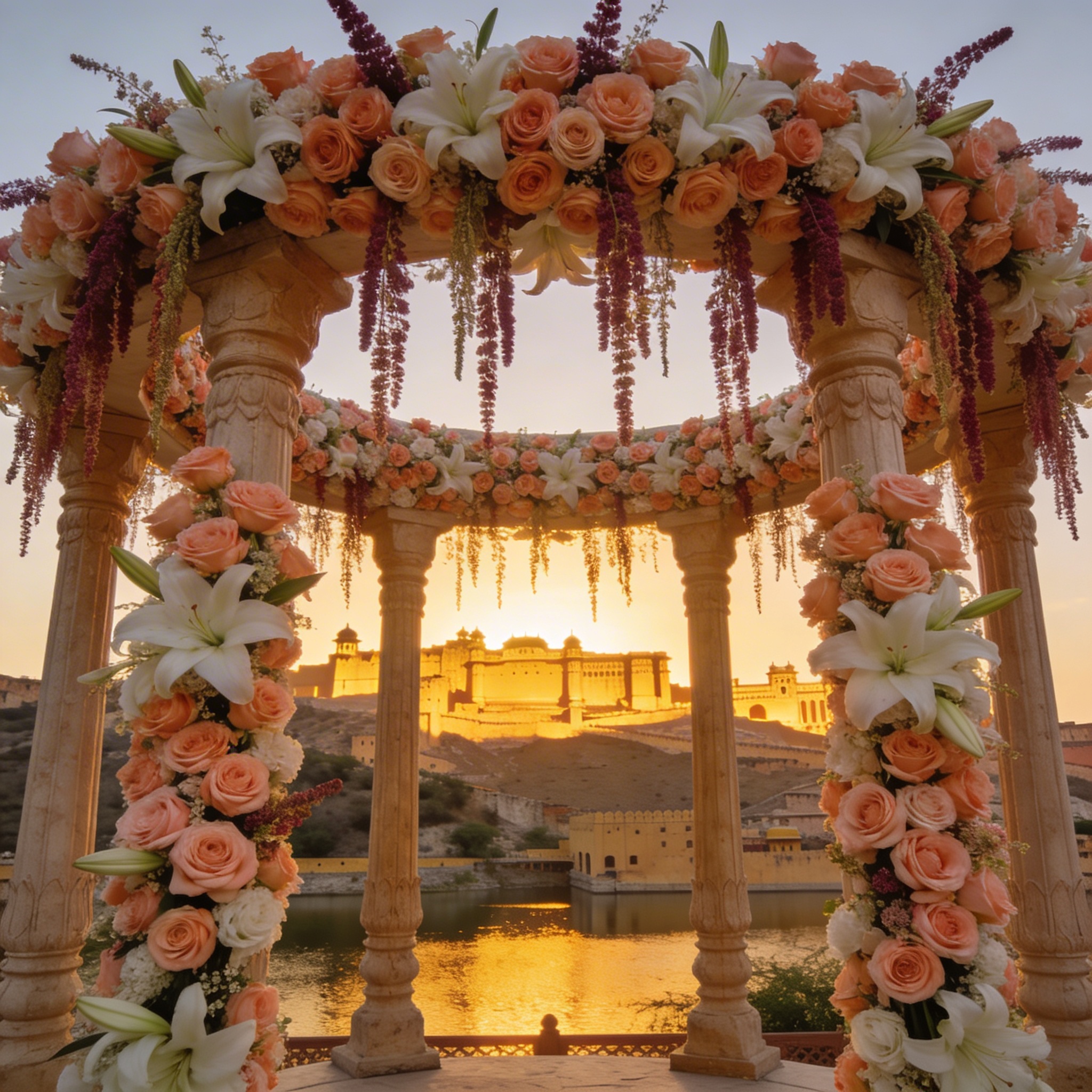 Wedding mandap against Rajasthani fort backdrop at sunset