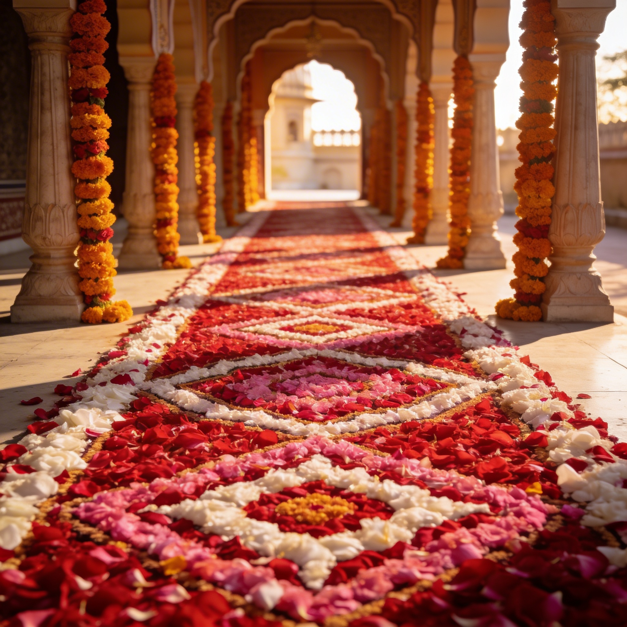 Wedding entrance path covered in rose petals in geometric patterns