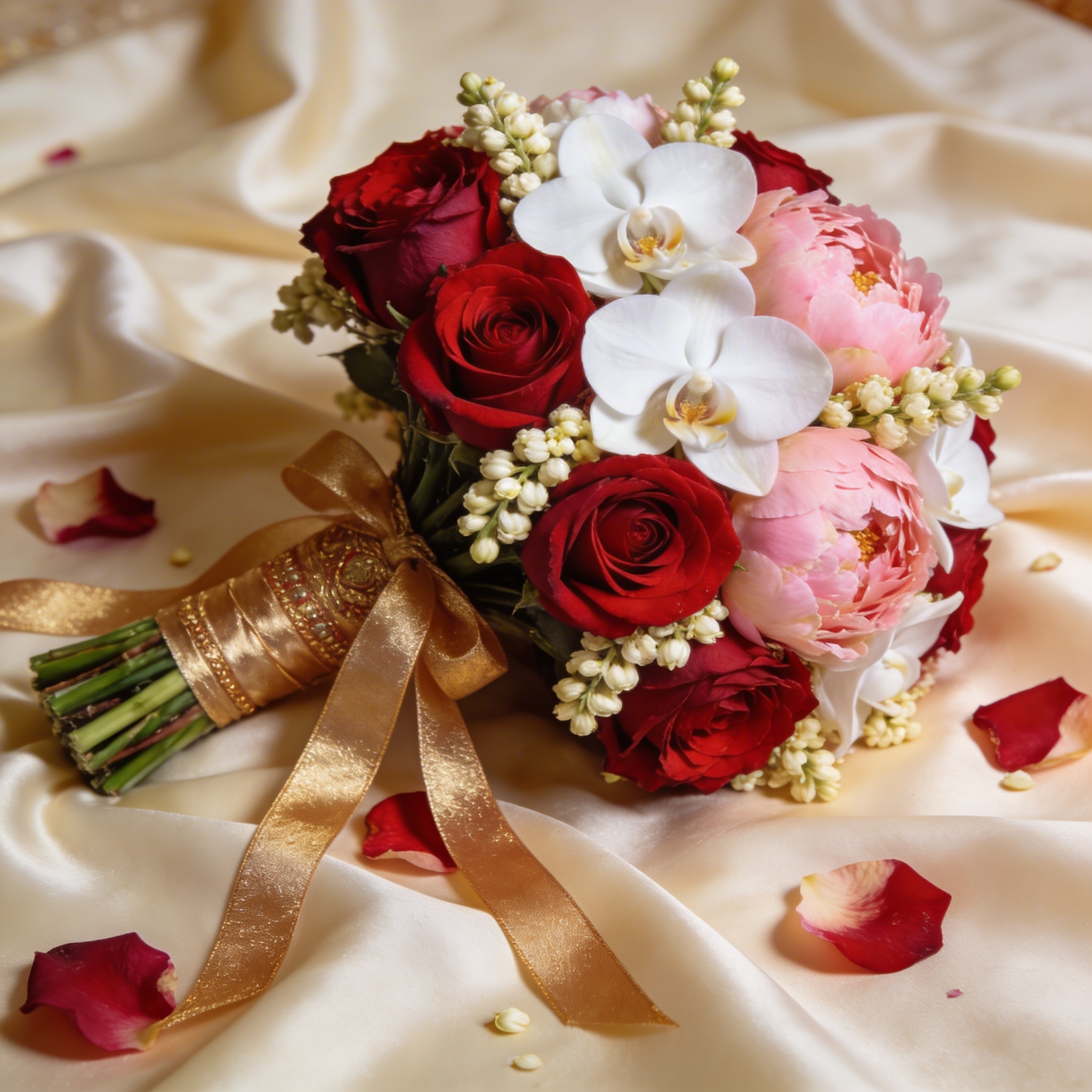 Luxurious bridal bouquet of roses, orchids, and jasmine