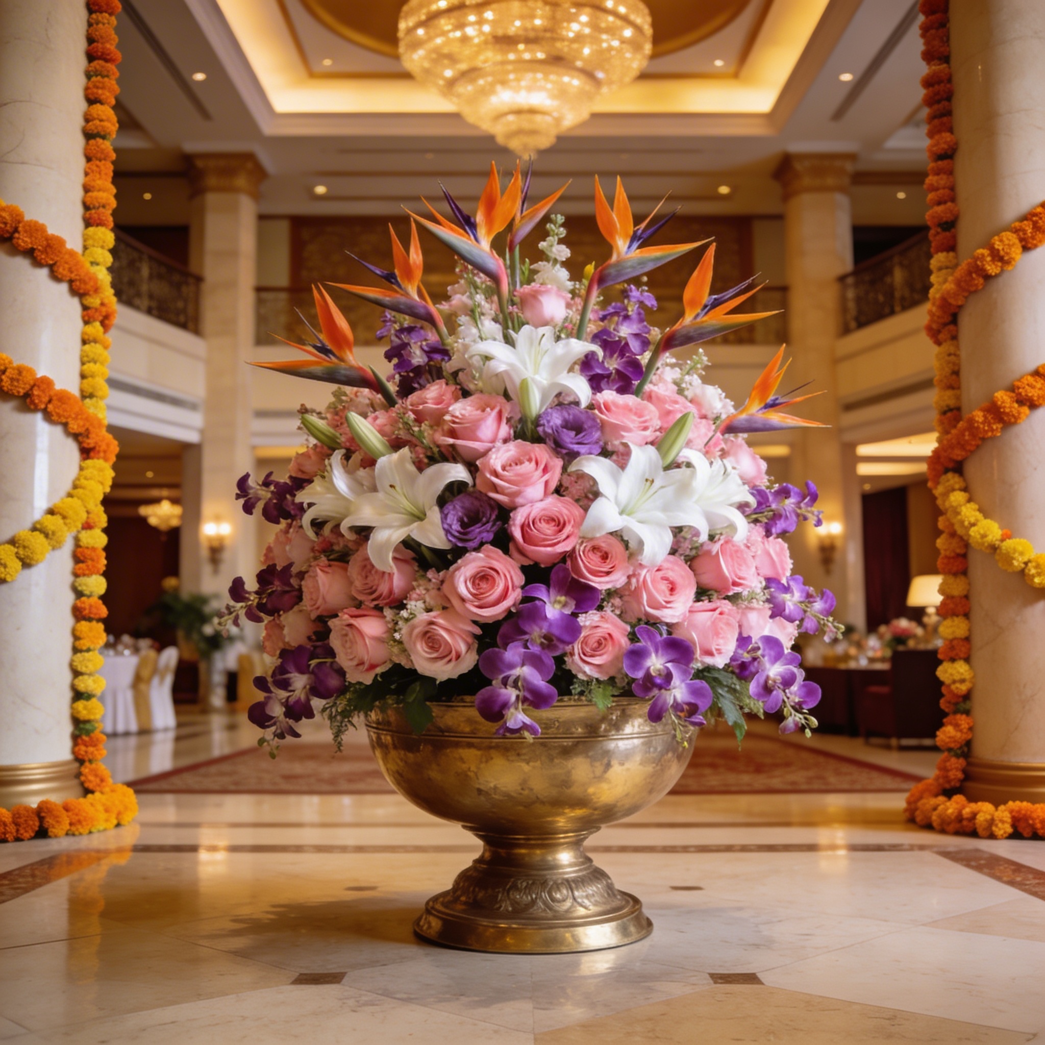 Five-star hotel lobby decorated for wedding with massive flower arrangement