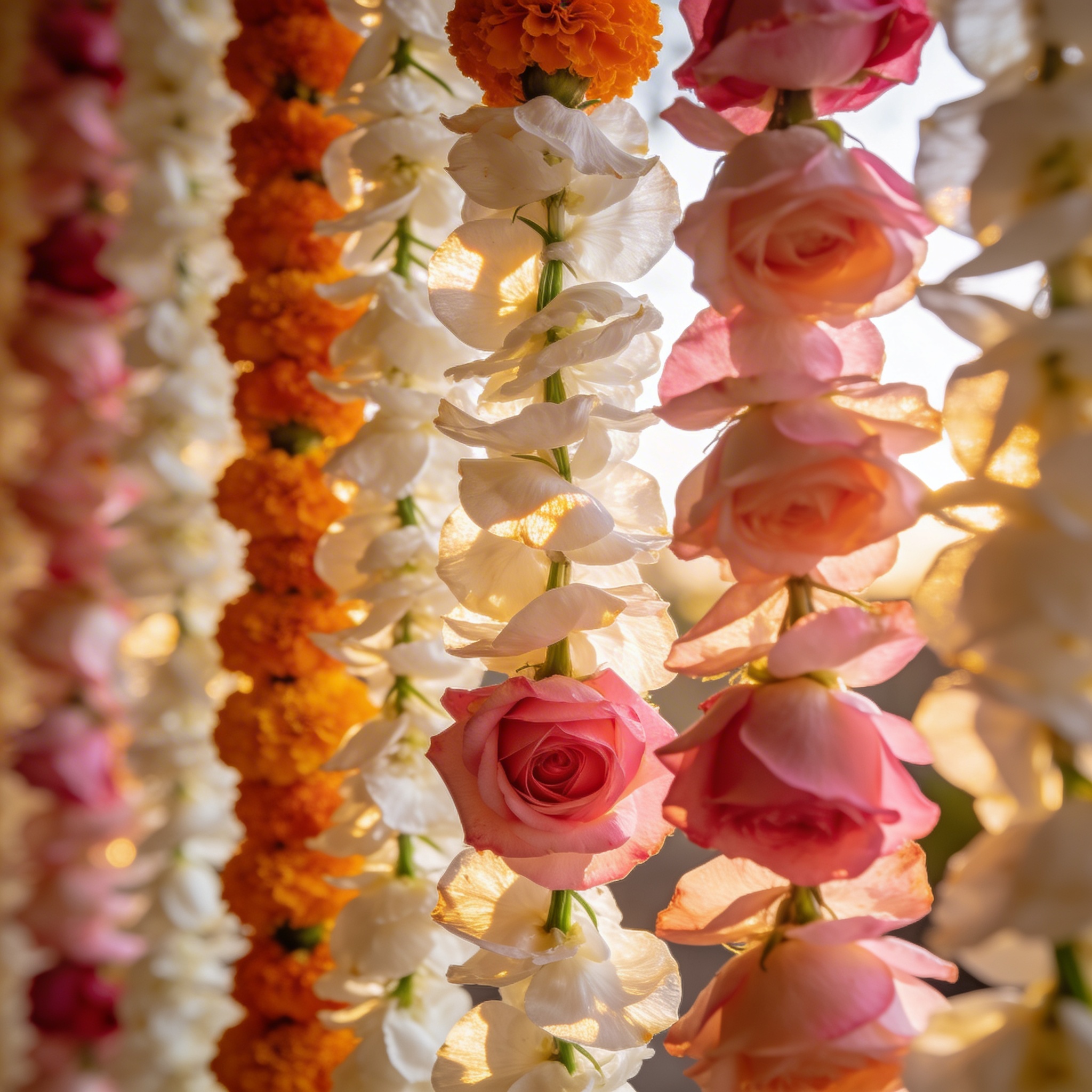 Curtain of hanging rajnigandha, marigold, and rose garlands