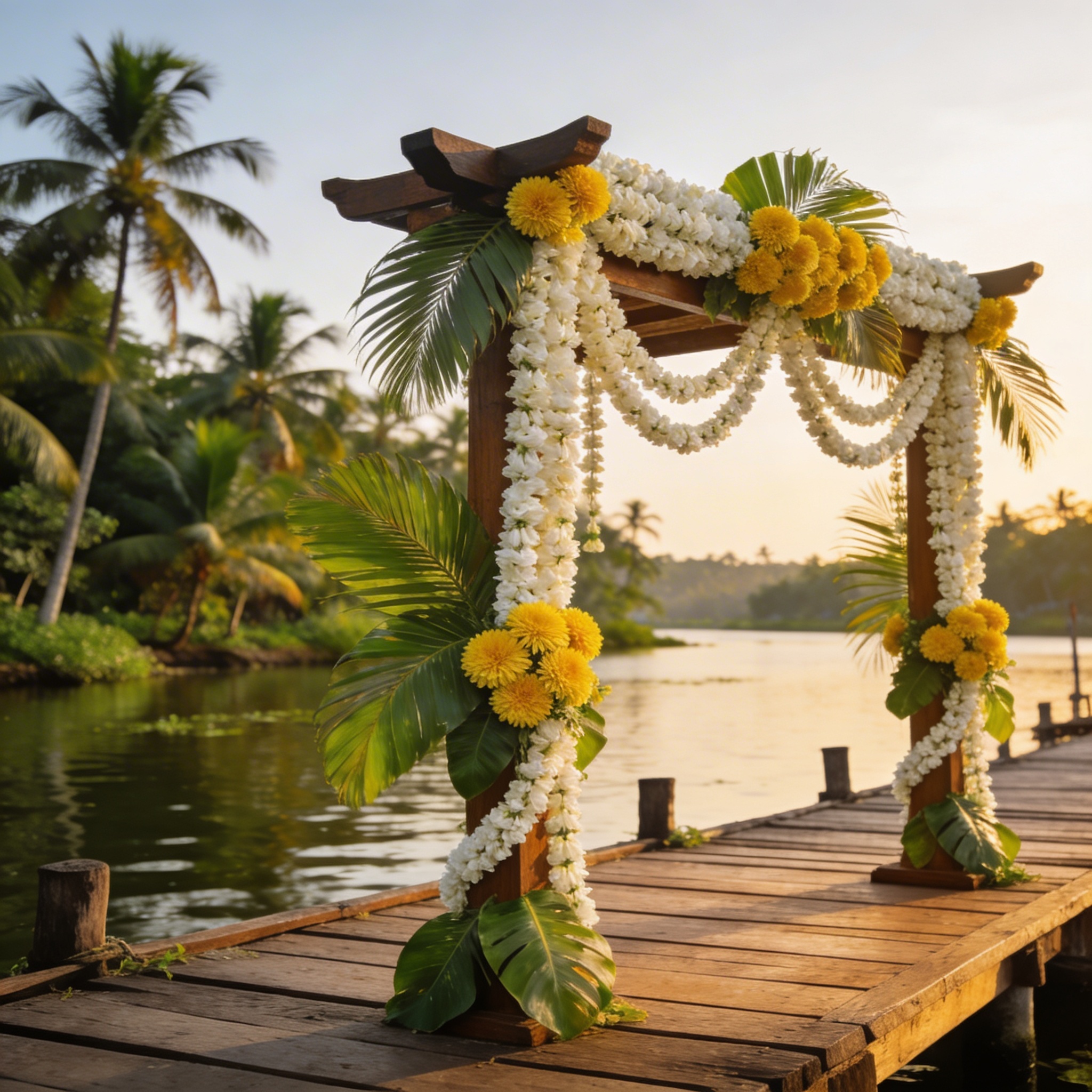 Wedding mandap on Kerala backwater jetty with jasmine garlands