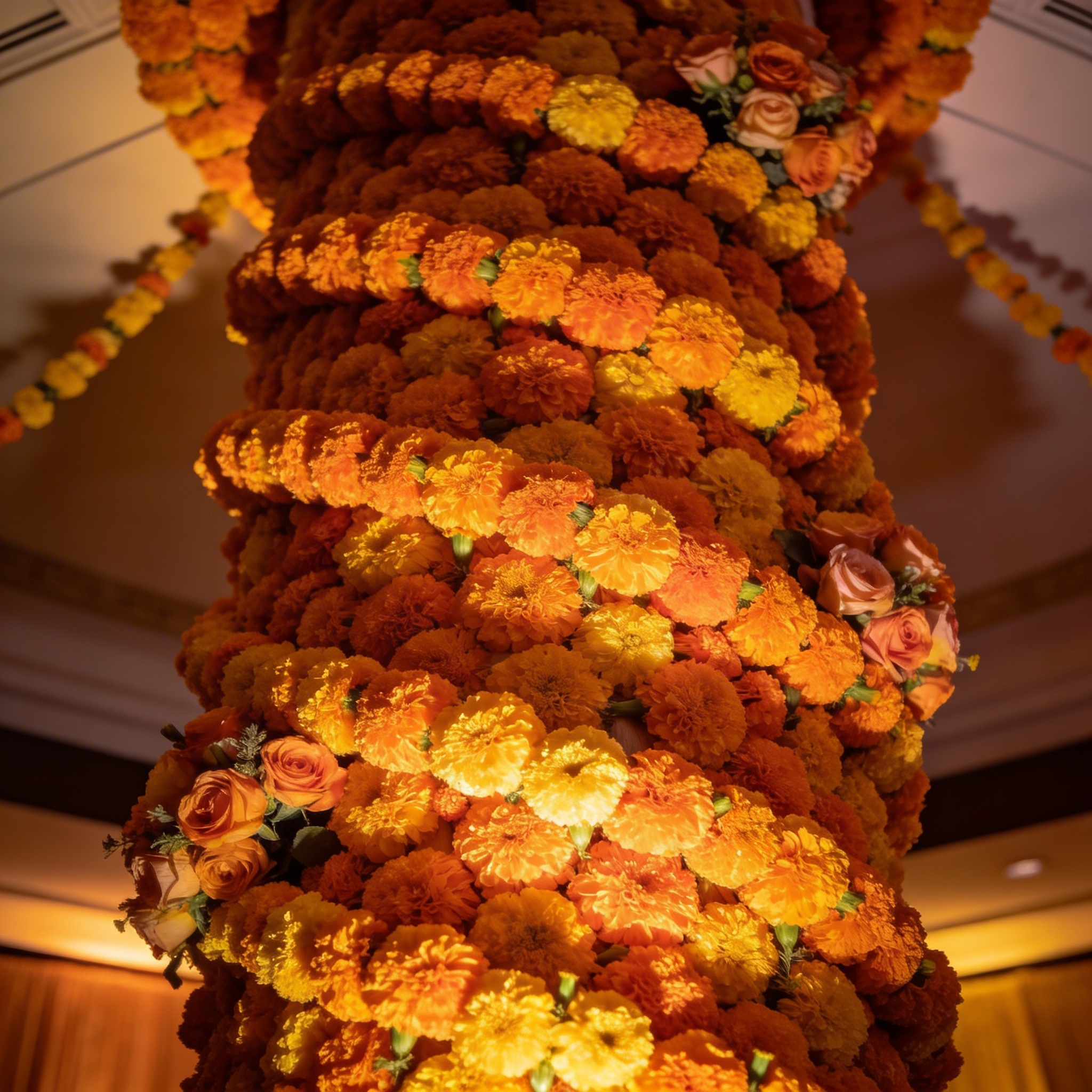 Wedding venue pillar wrapped in spiral marigold garlands