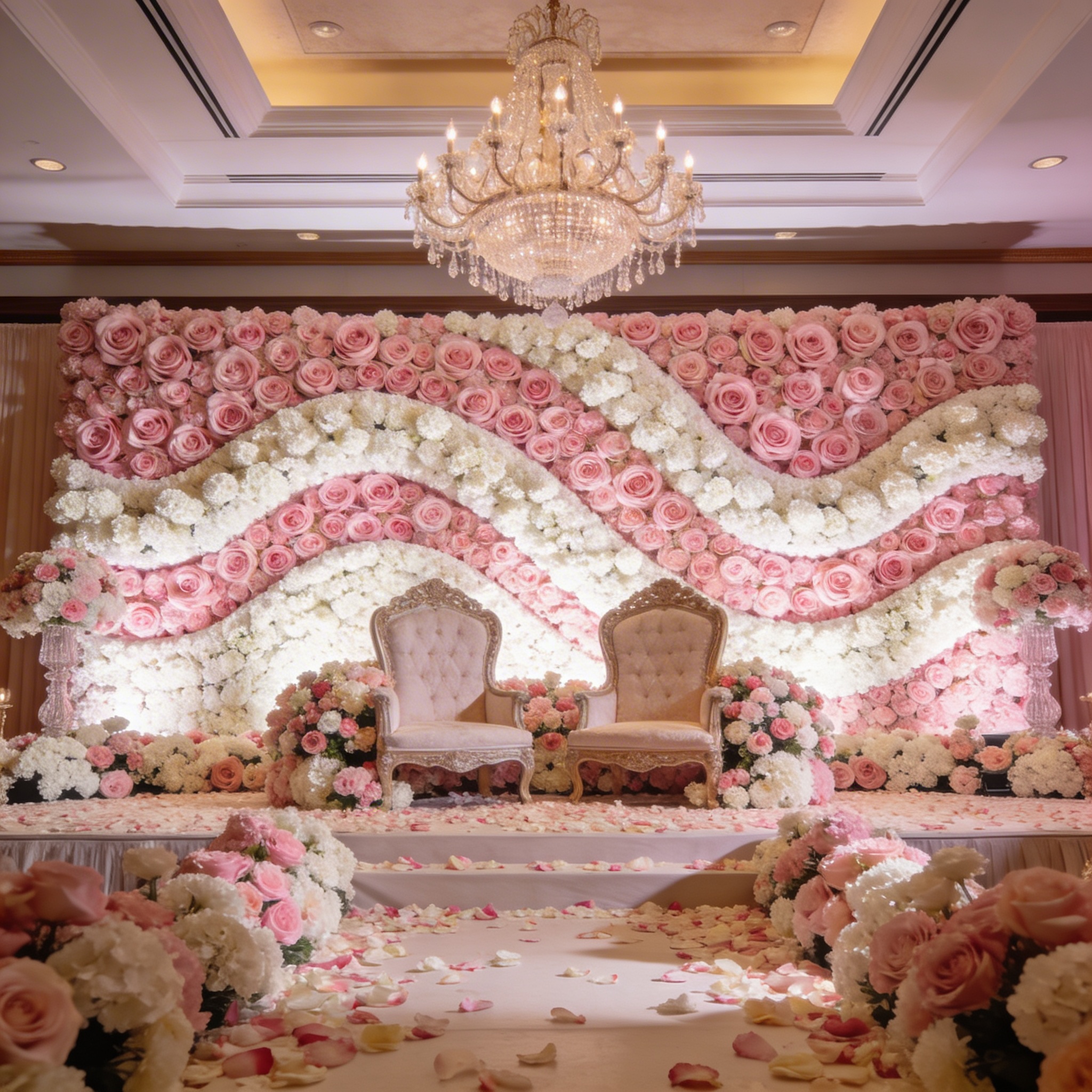 Blush pink and ivory wedding stage covered in roses