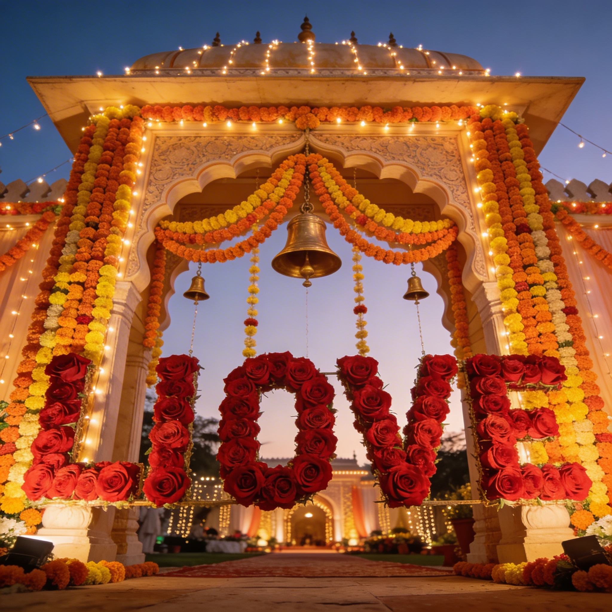 Grand baraat welcome gate decorated with marigold and roses