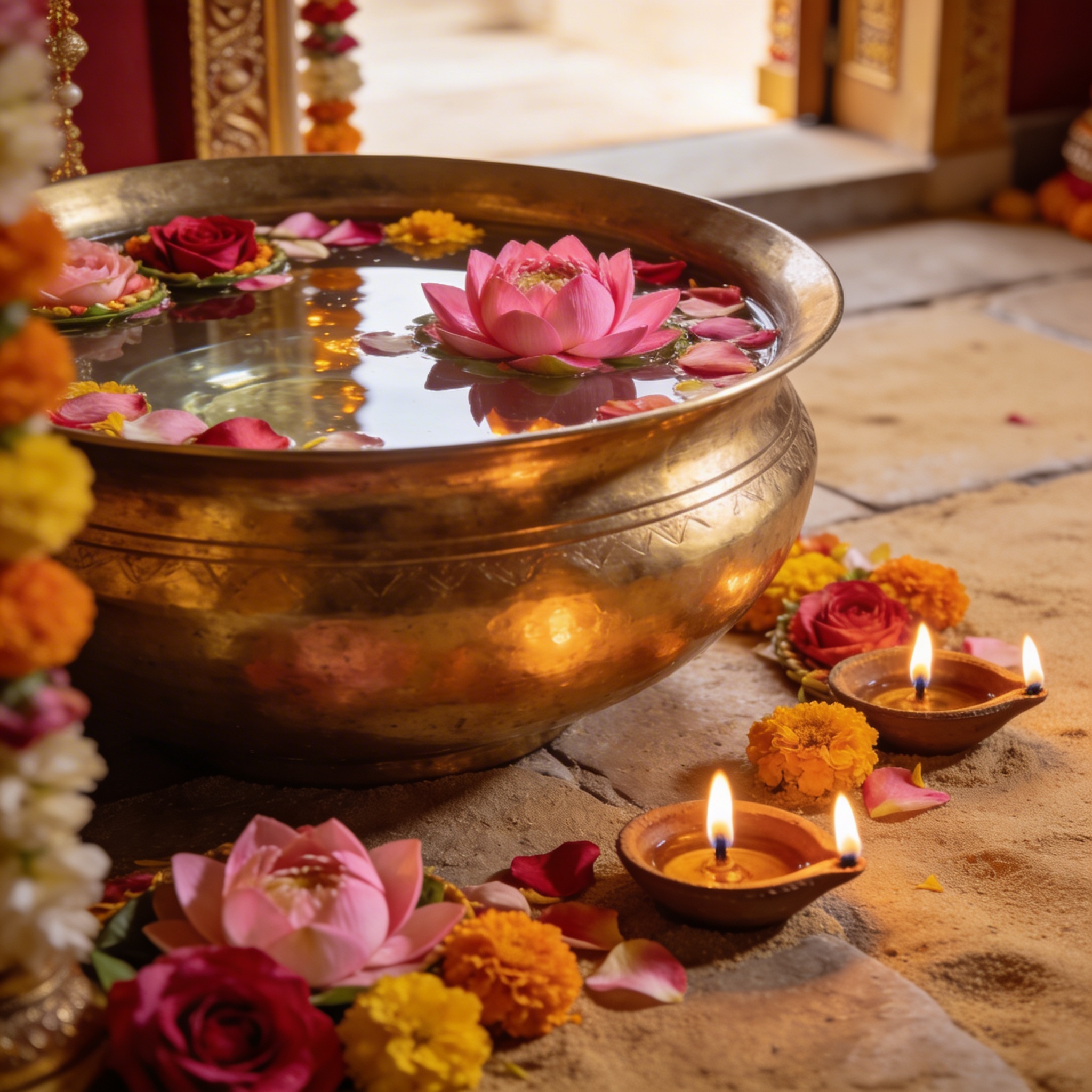 Brass urli with floating lotus, rose petals, and lit diyas