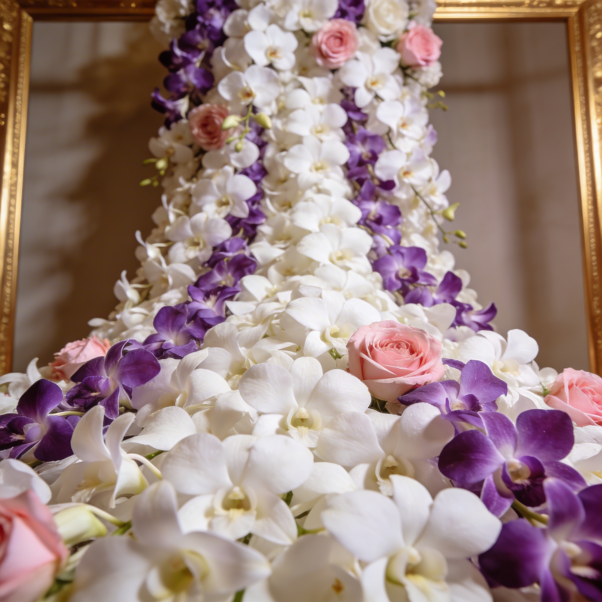 Wedding backdrop of cascading white and purple Thai orchids