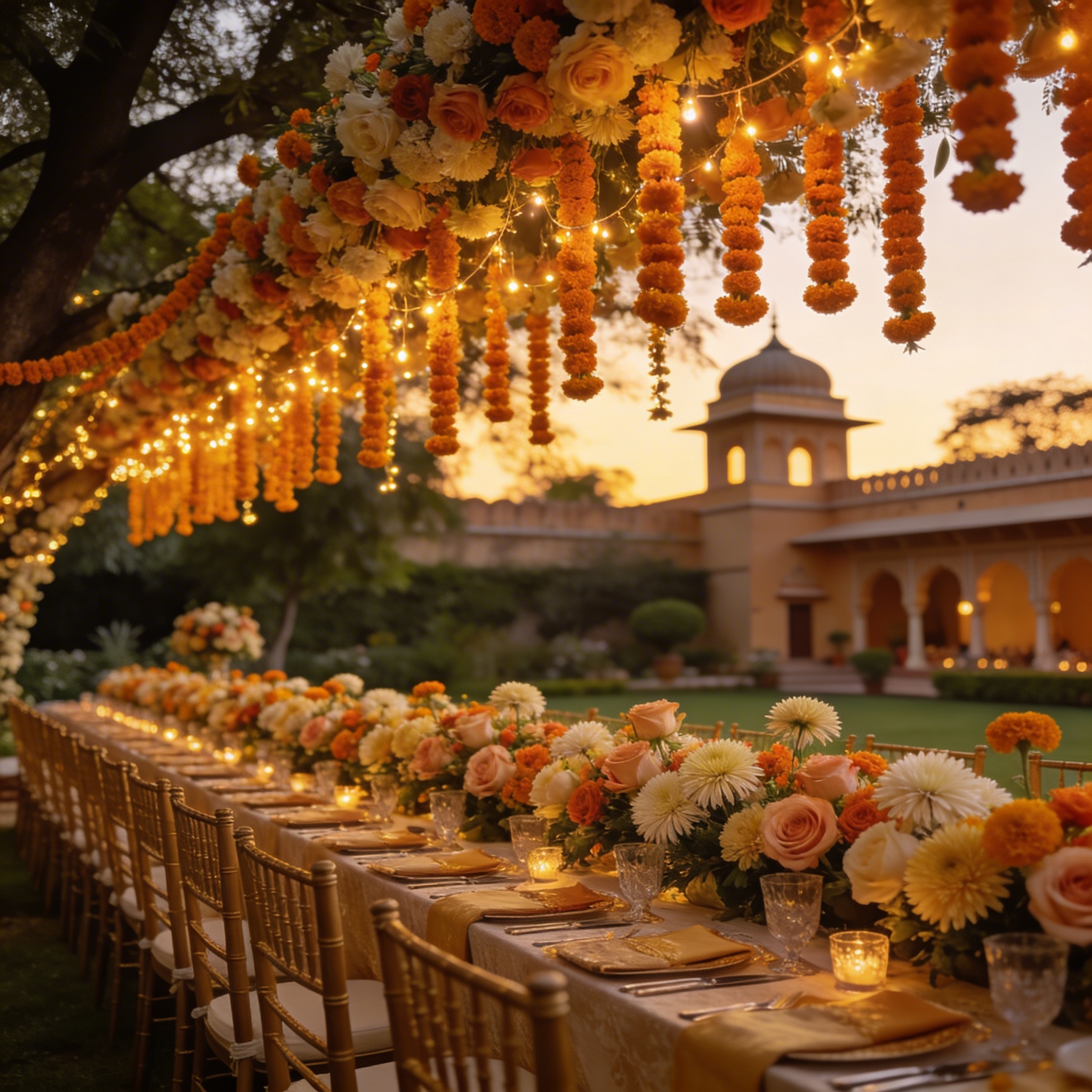 Outdoor garden reception in Jaipur with flower canopy