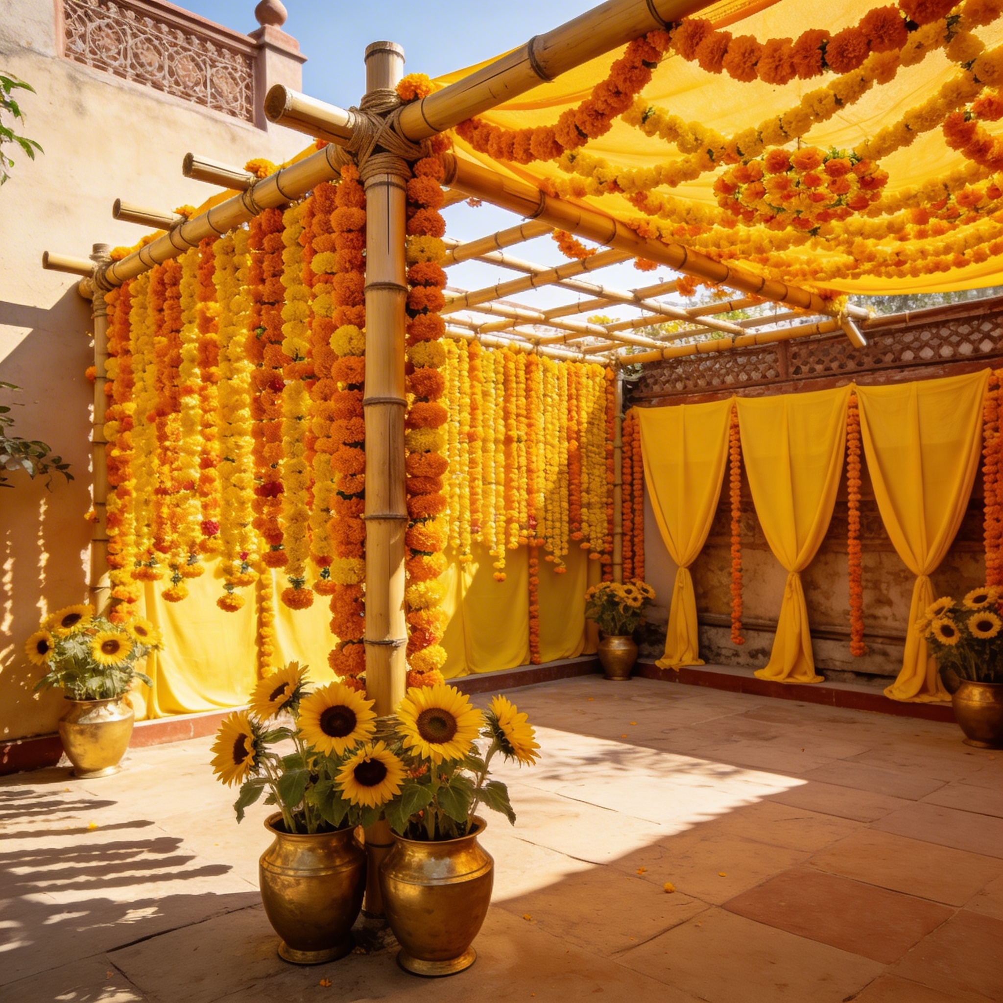 Vibrant mehndi ceremony decoration in yellow marigold theme