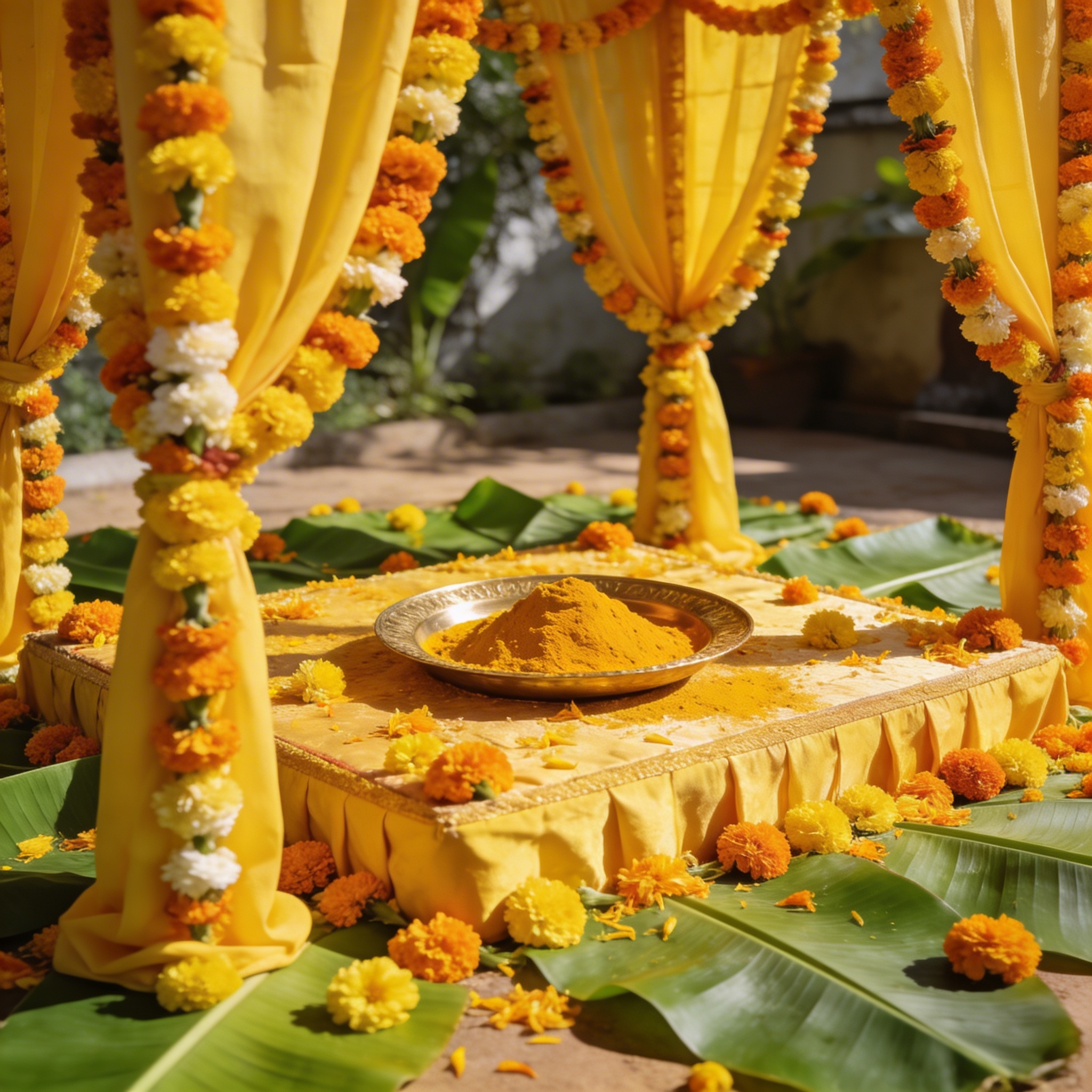 Haldi ceremony setup with marigold flowers and turmeric