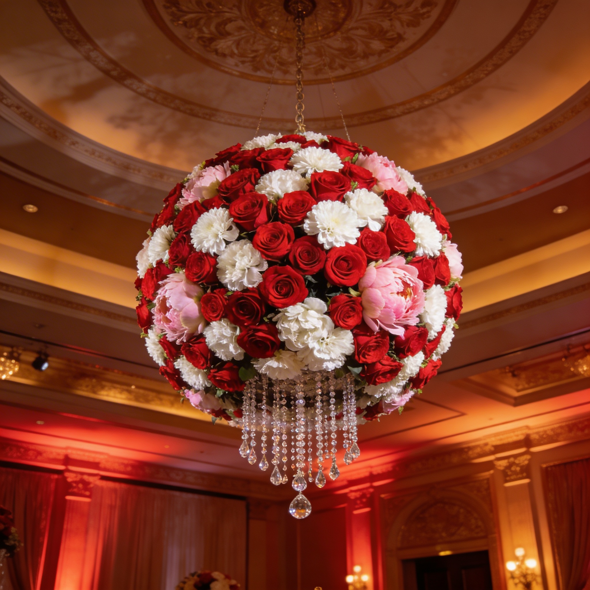Massive rose and carnation flower ball chandelier