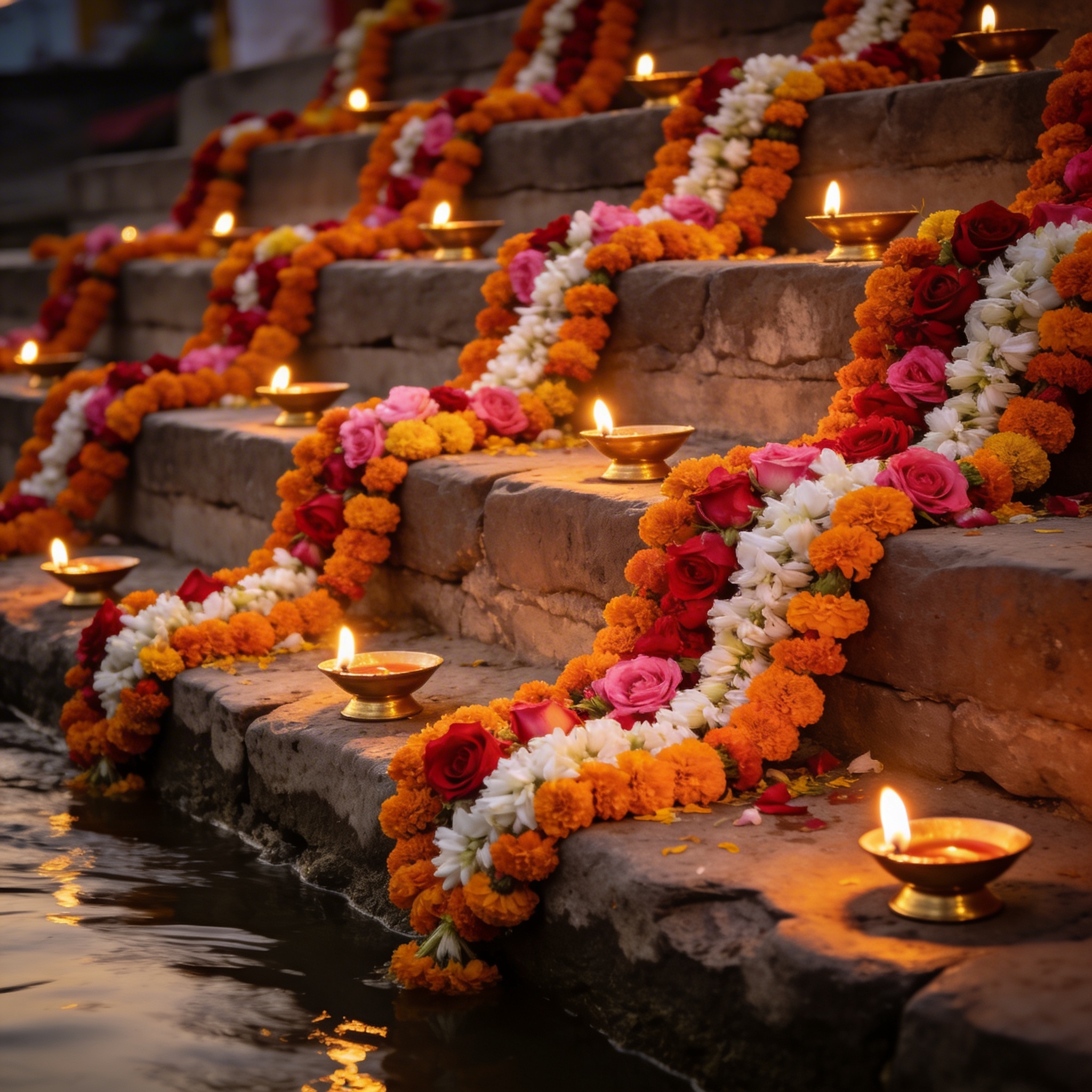 Stone ghat steps decorated with flower garlands and lit diyas