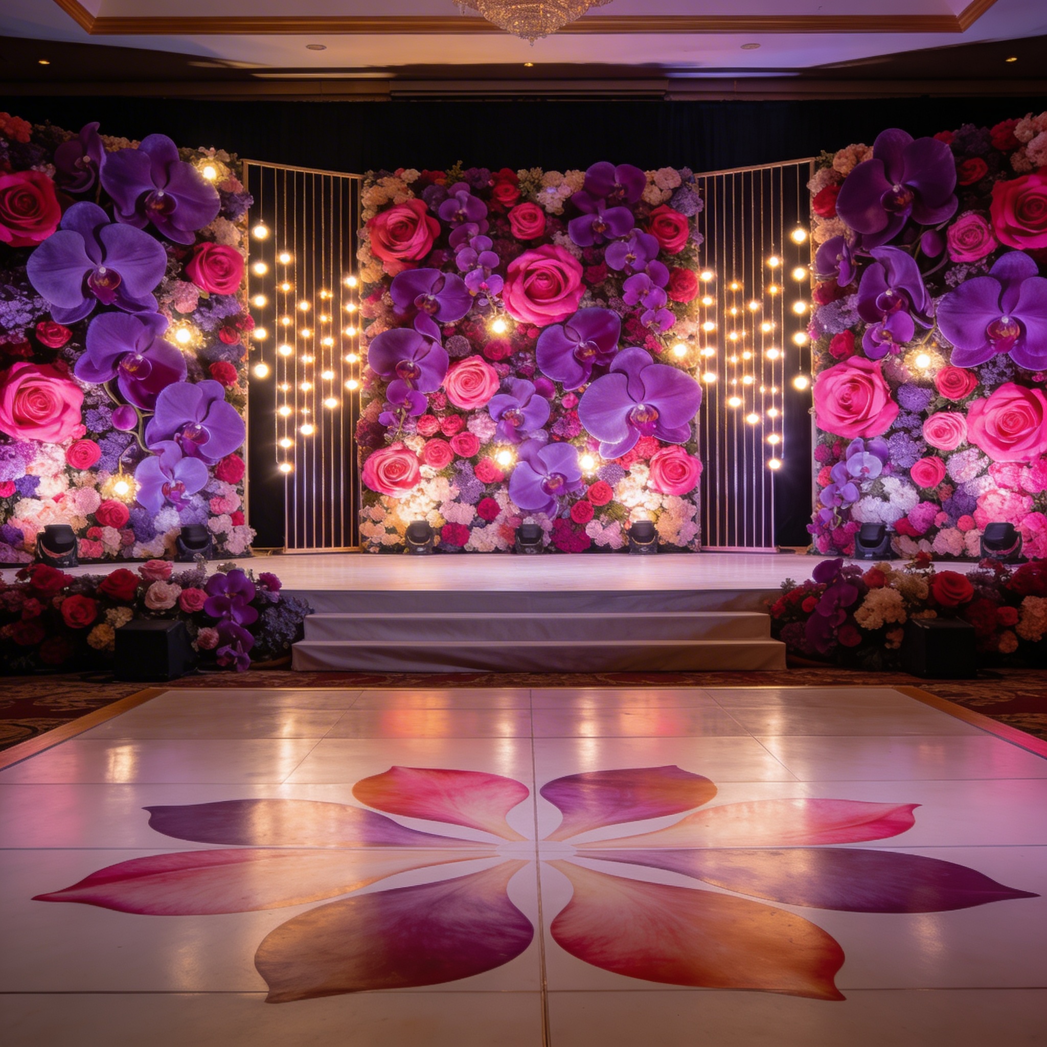 Sangeet night stage with purple orchids and pink roses