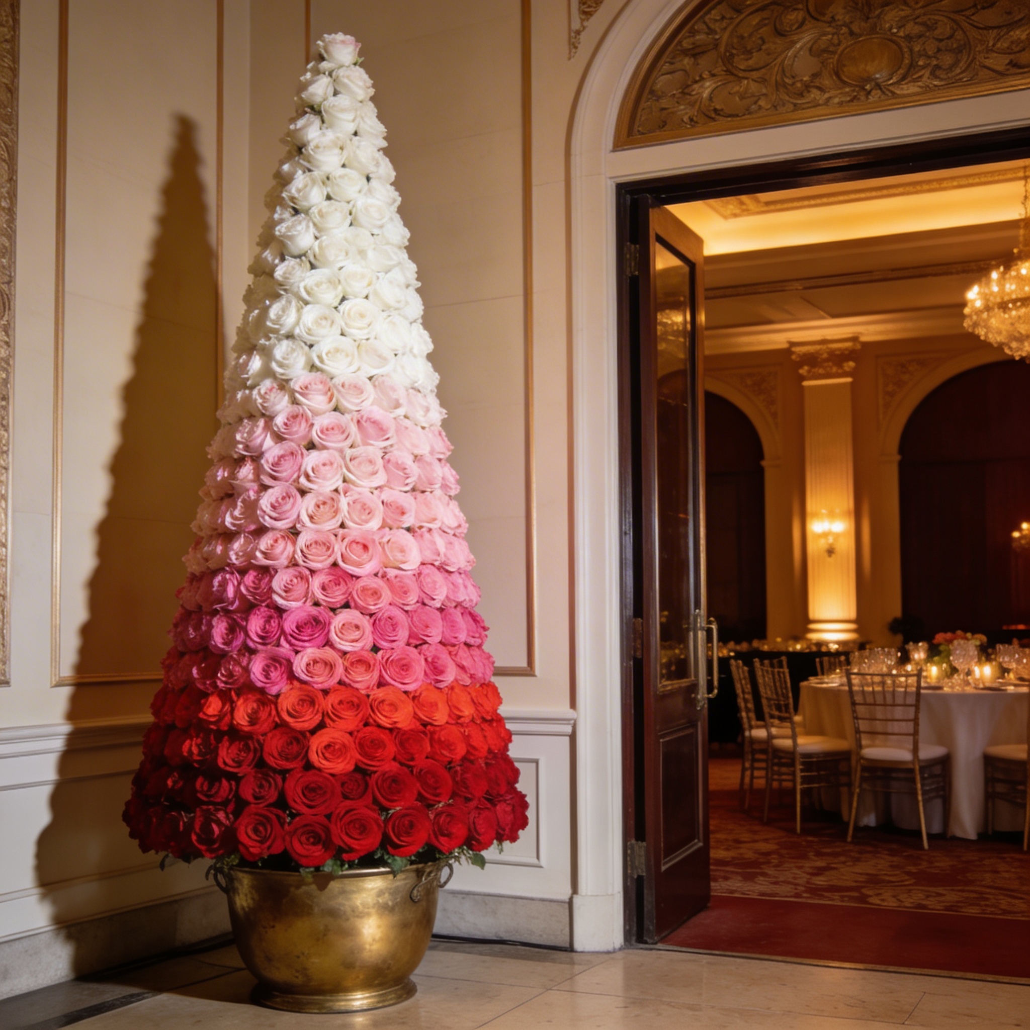 Tall cone-shaped floor arrangement of layered roses