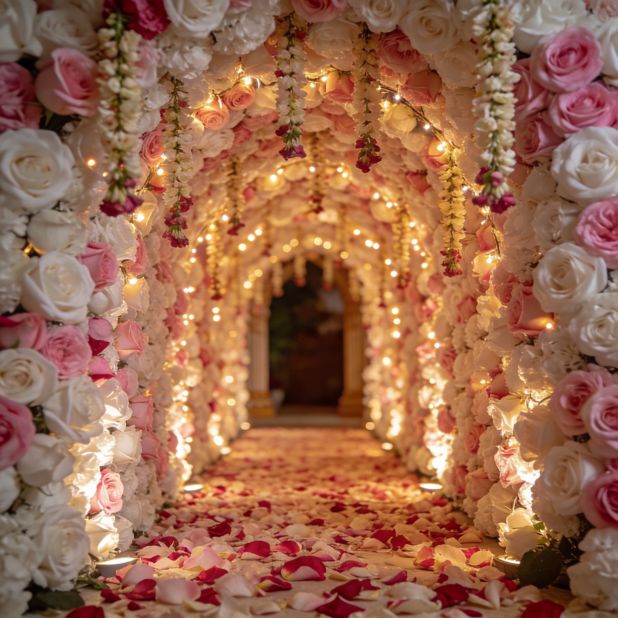 Wedding reception entry tunnel made entirely of roses