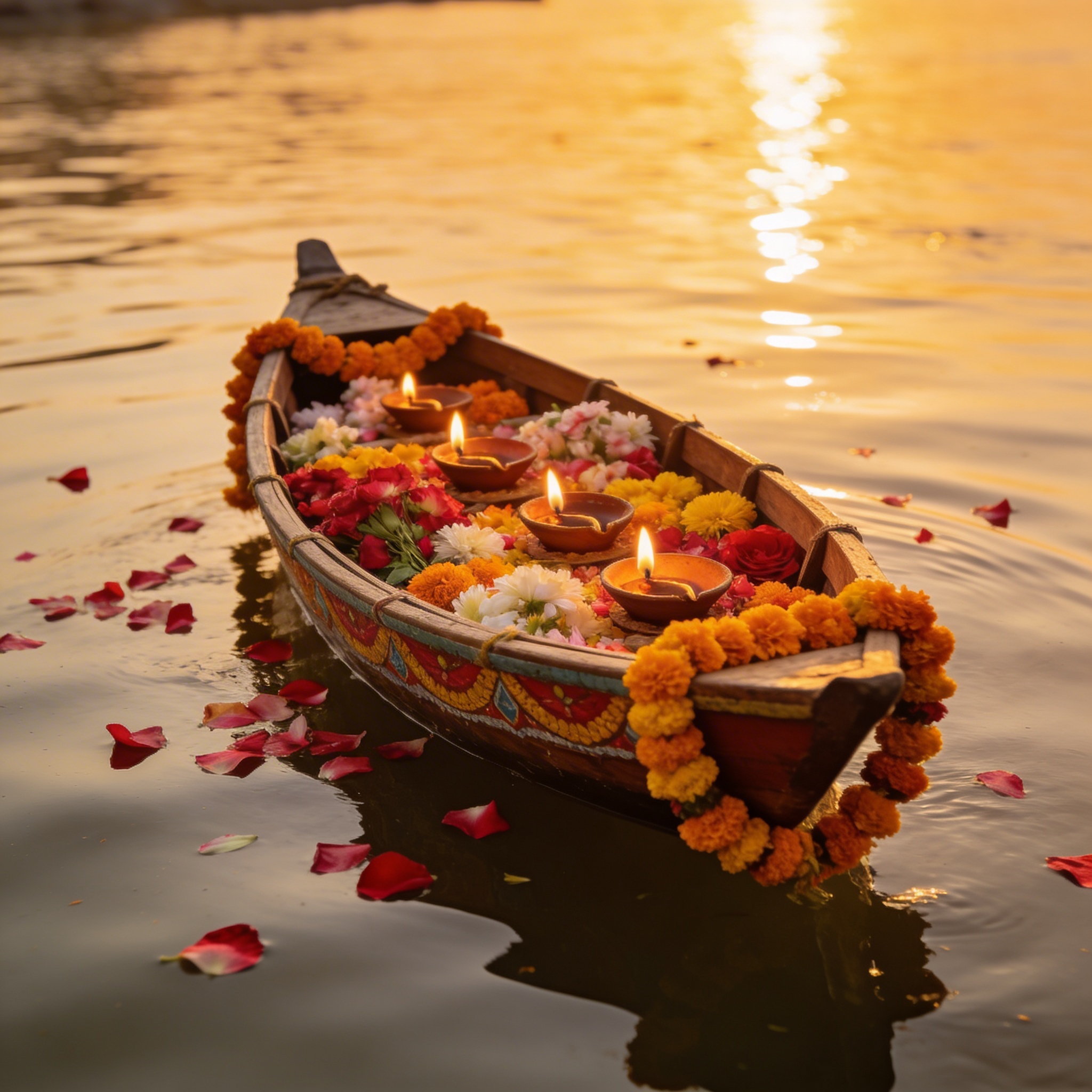 Decorated boat on river filled with flowers and diyas