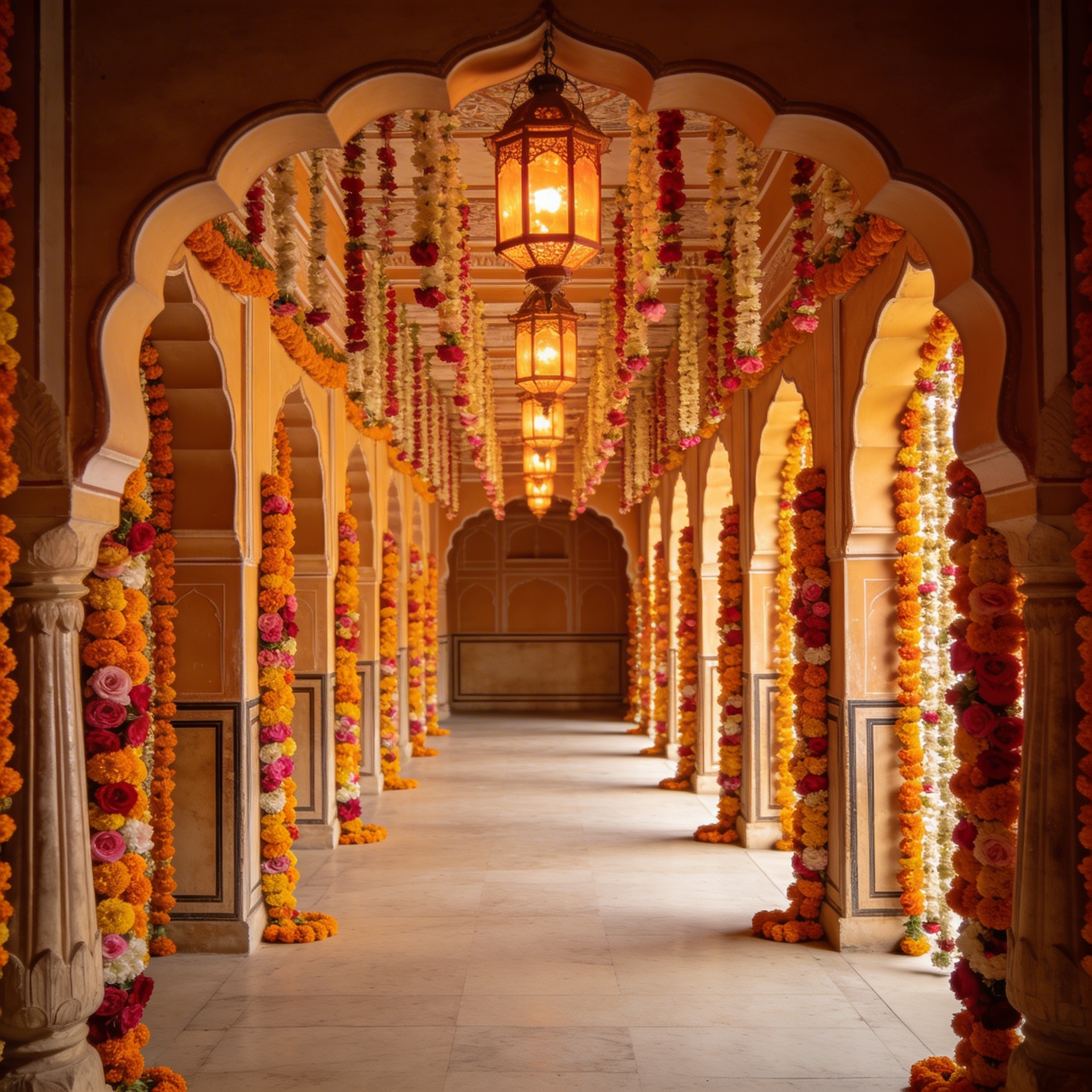 Palace corridor with arches decorated in cascading garlands