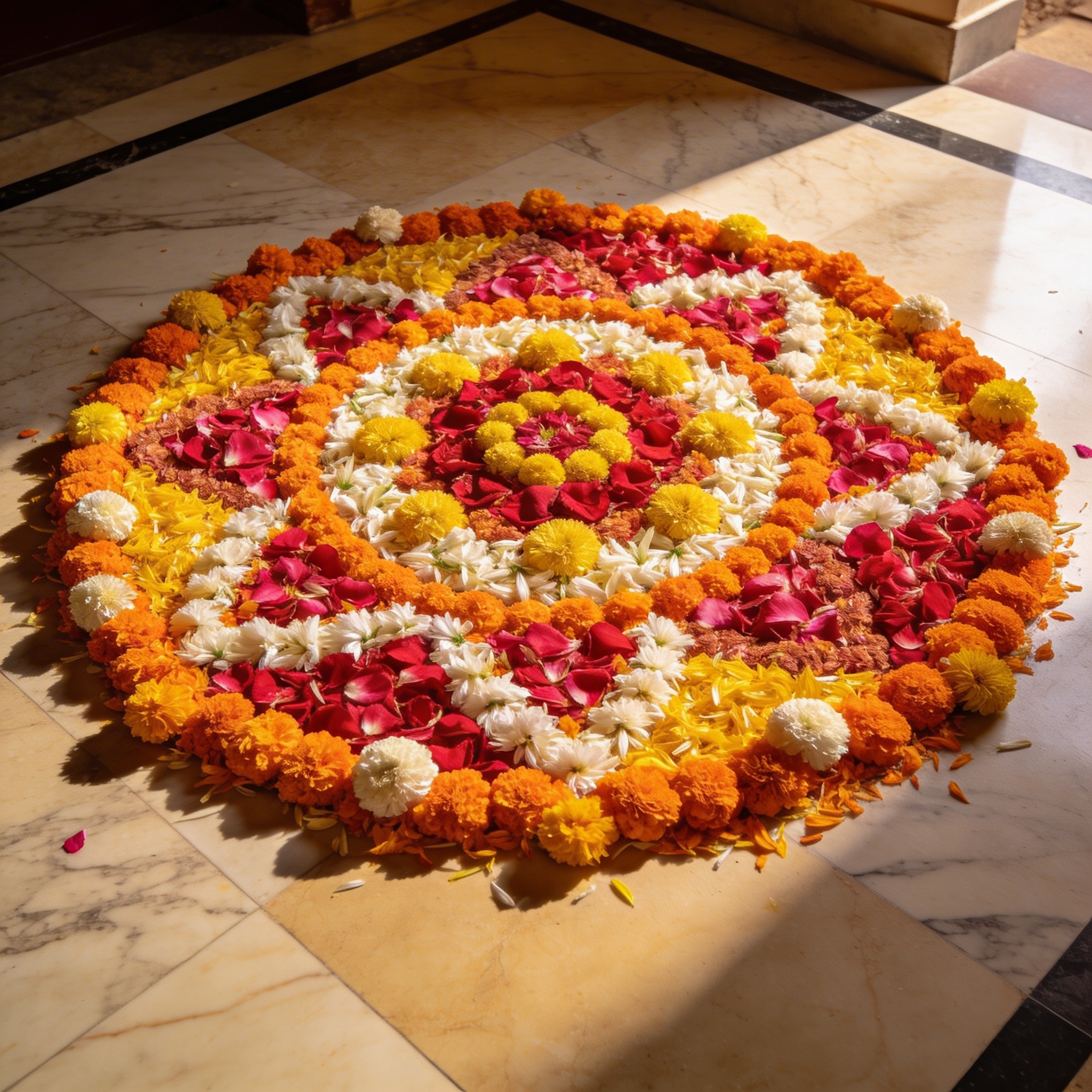 Large floor rangoli made entirely of fresh flower petals