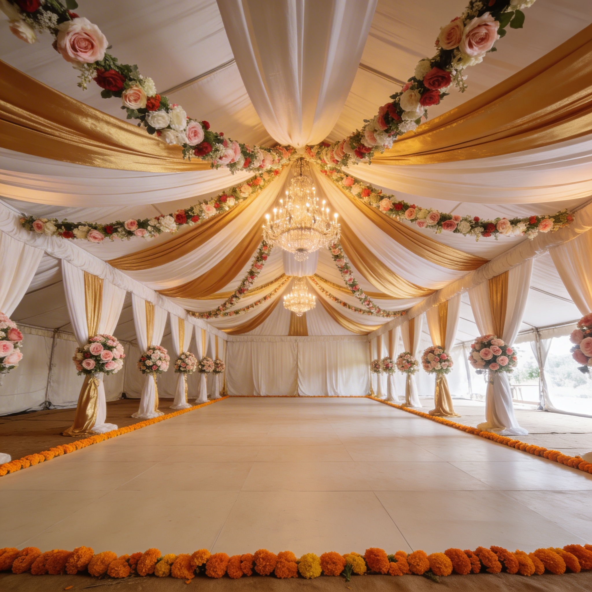 Wedding tent interior with flower garlands overhead