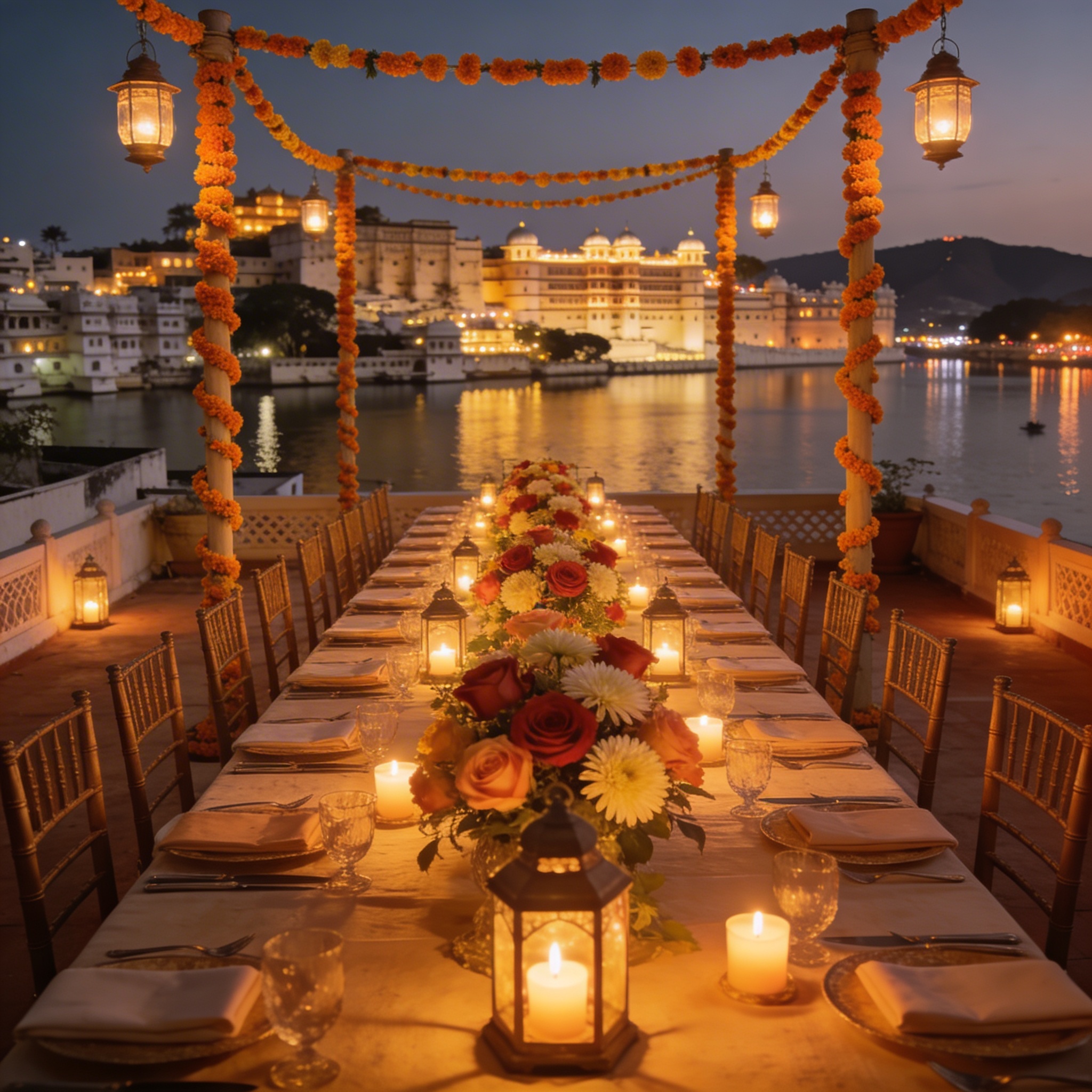 Rooftop dinner in Udaipur with rose centerpieces and lake view
