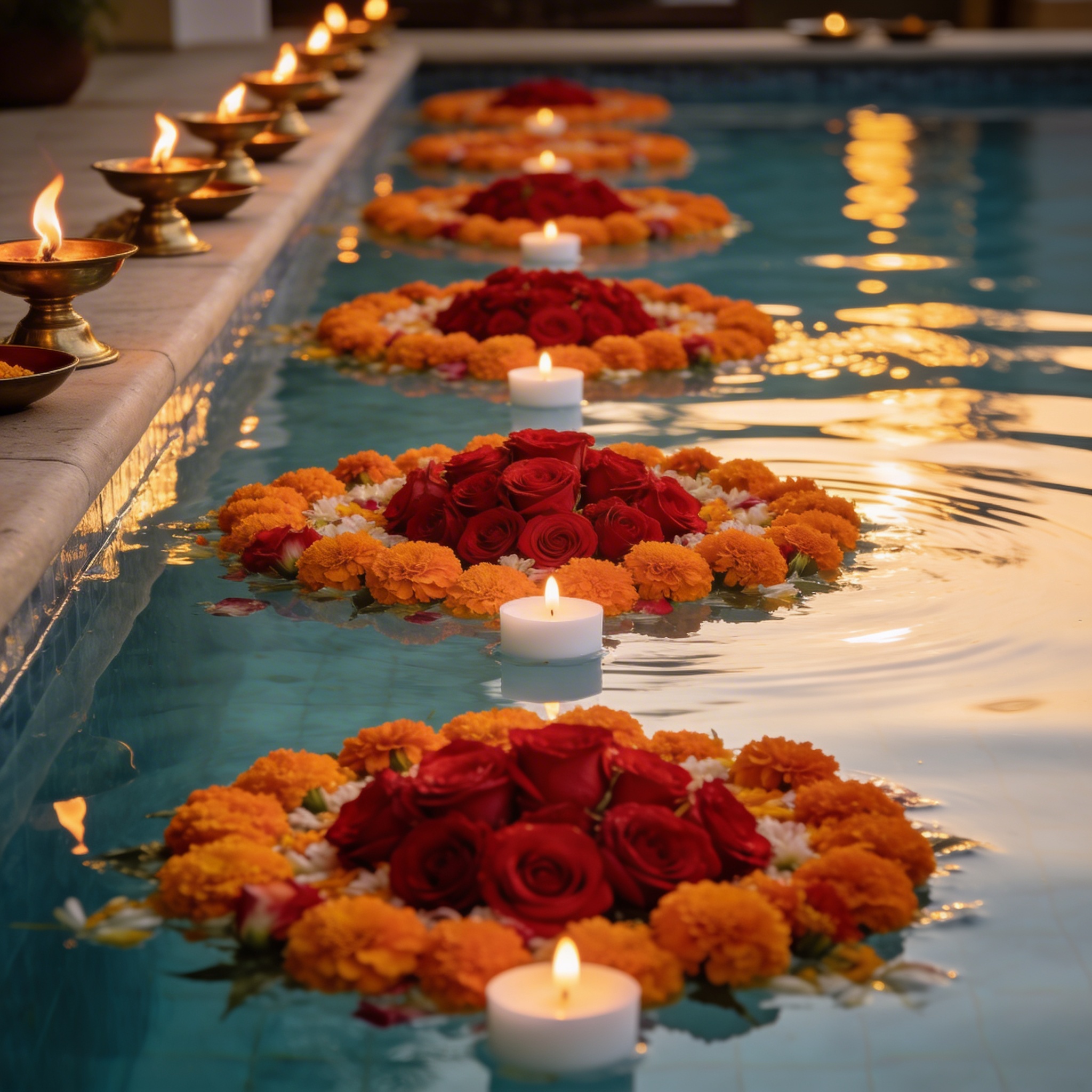 Hotel pool decorated with floating roses and candles