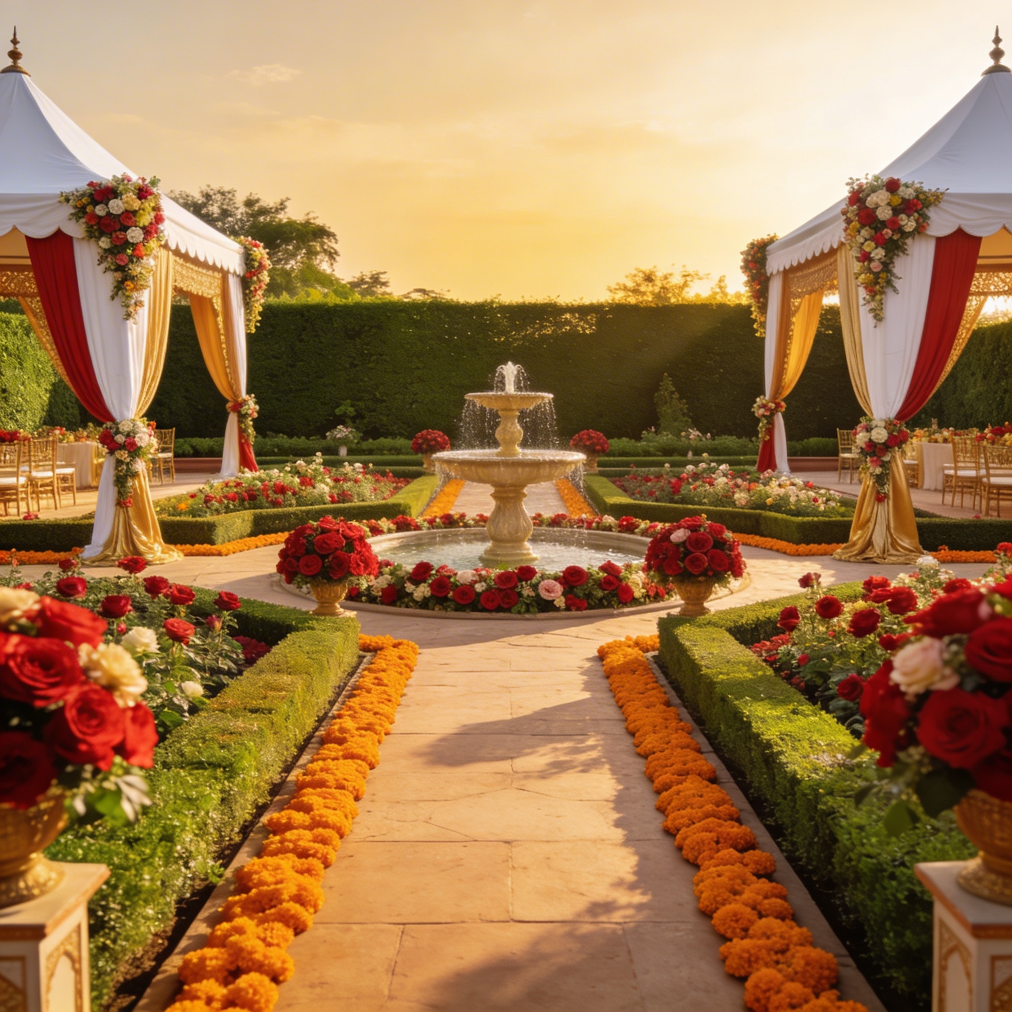 Mughal-style garden wedding with symmetrical flower beds