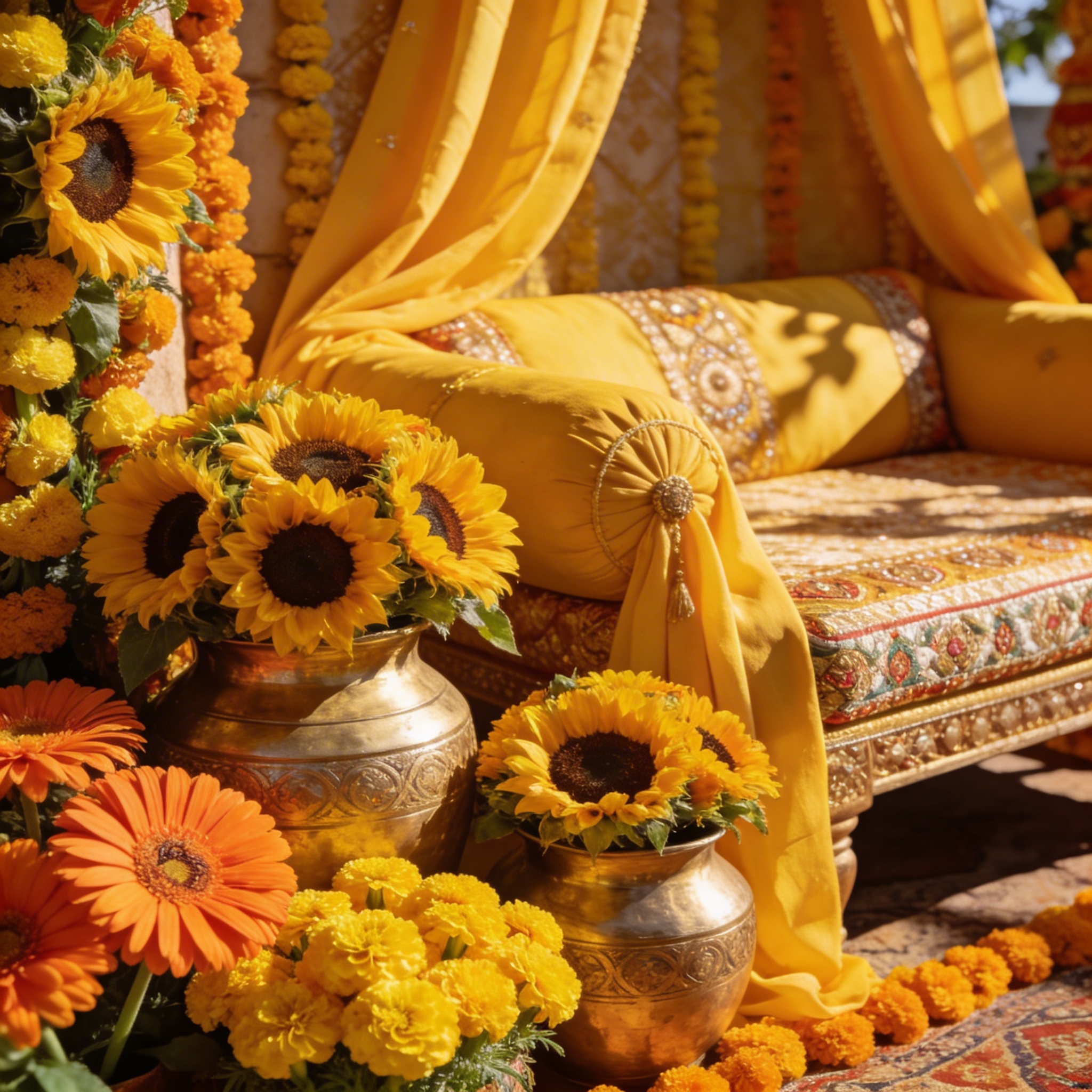 Mehndi corner with sunflowers and yellow marigolds