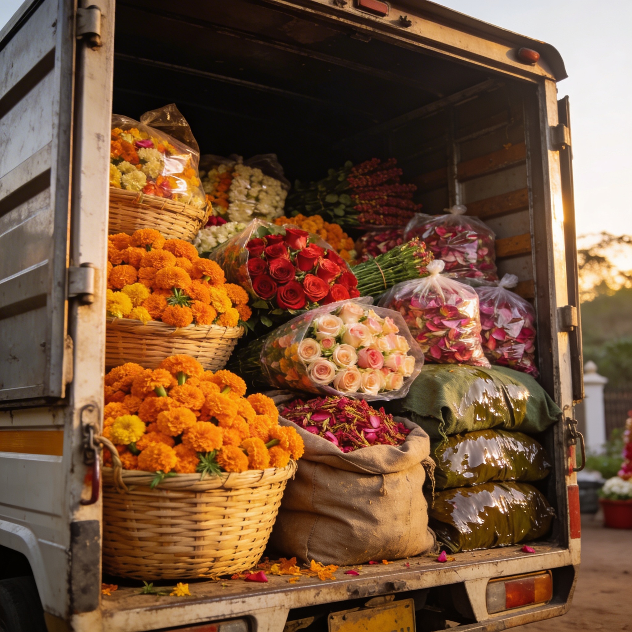 Truck loaded with thousands of flowers arriving at venue
