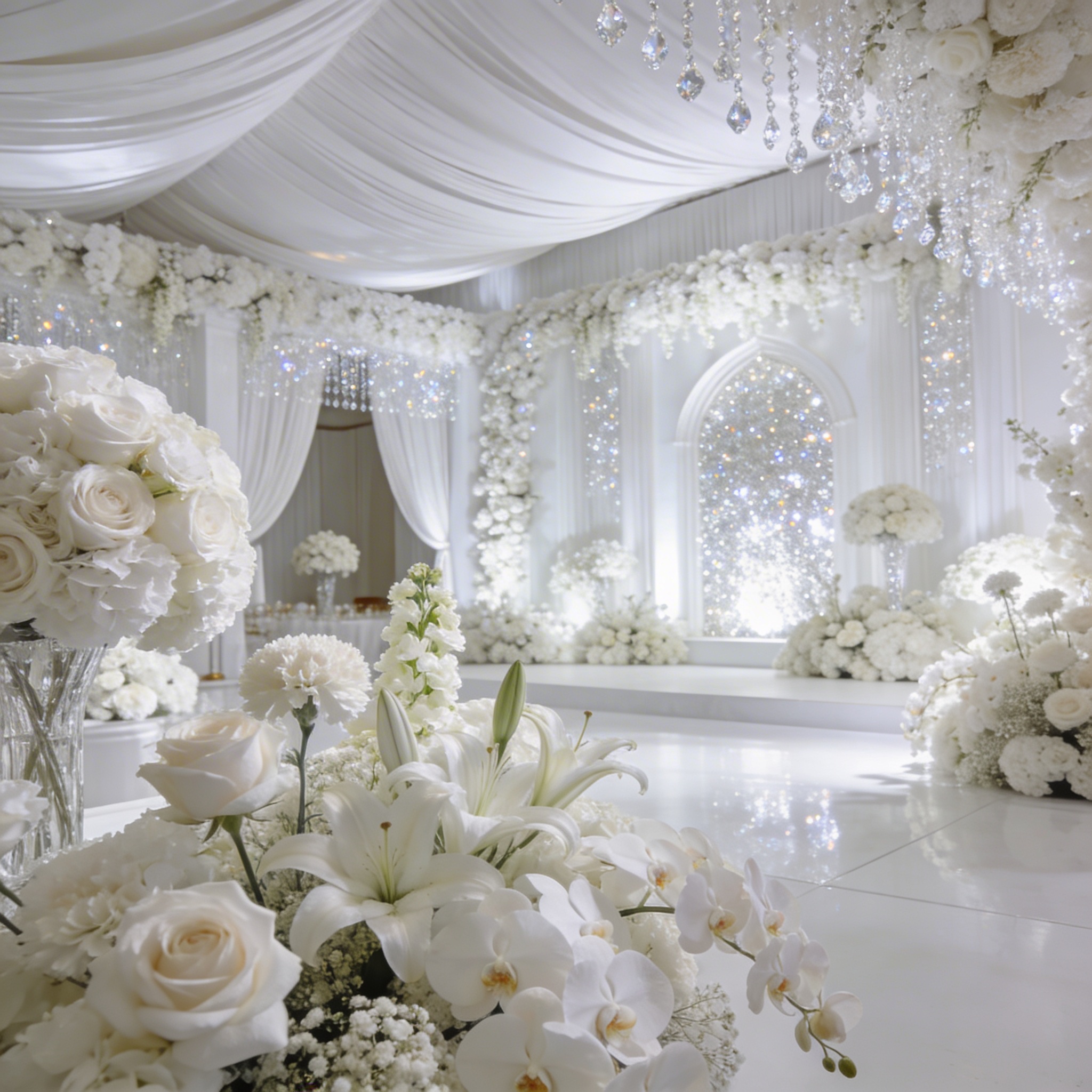 All-white luxury wedding with roses, lilies, and orchids