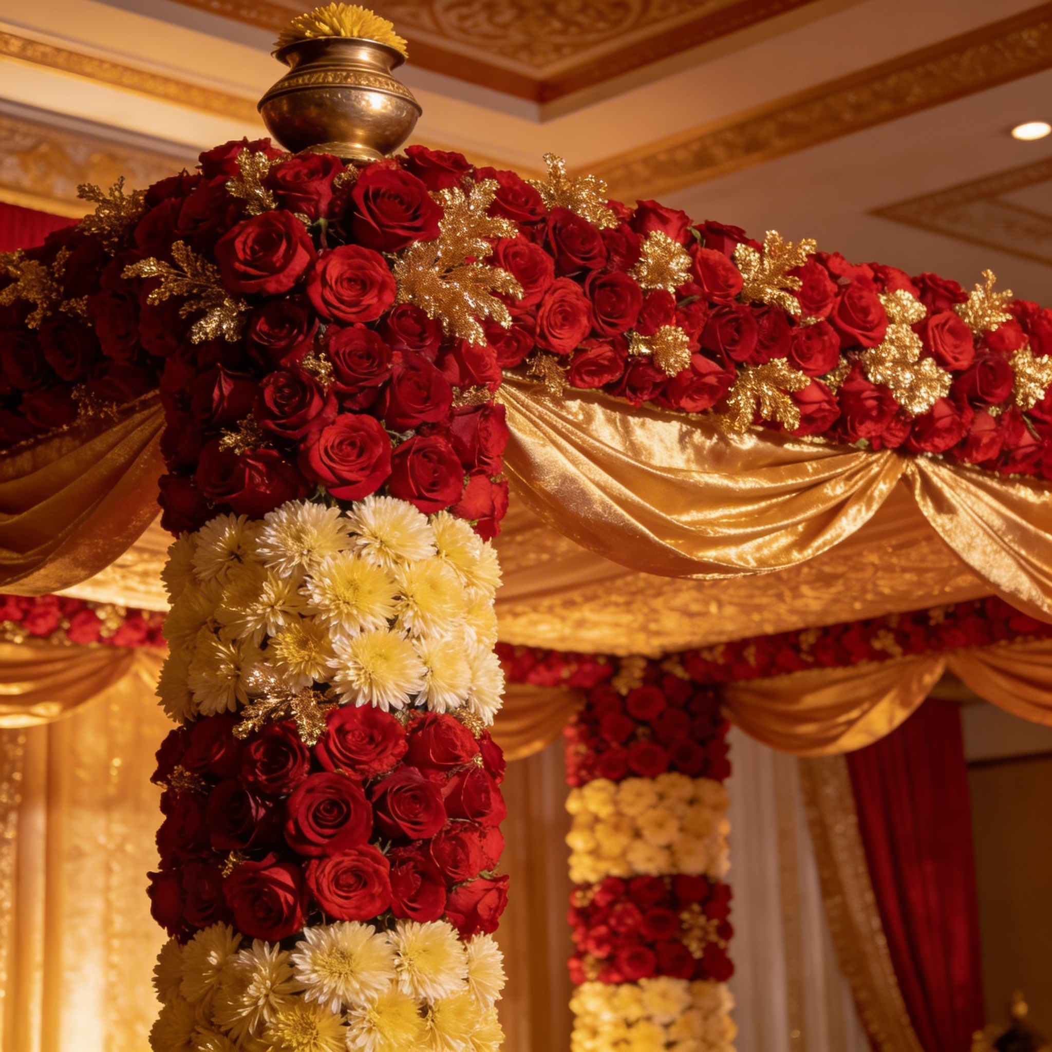Traditional red and gold mandap with roses and chrysanthemums