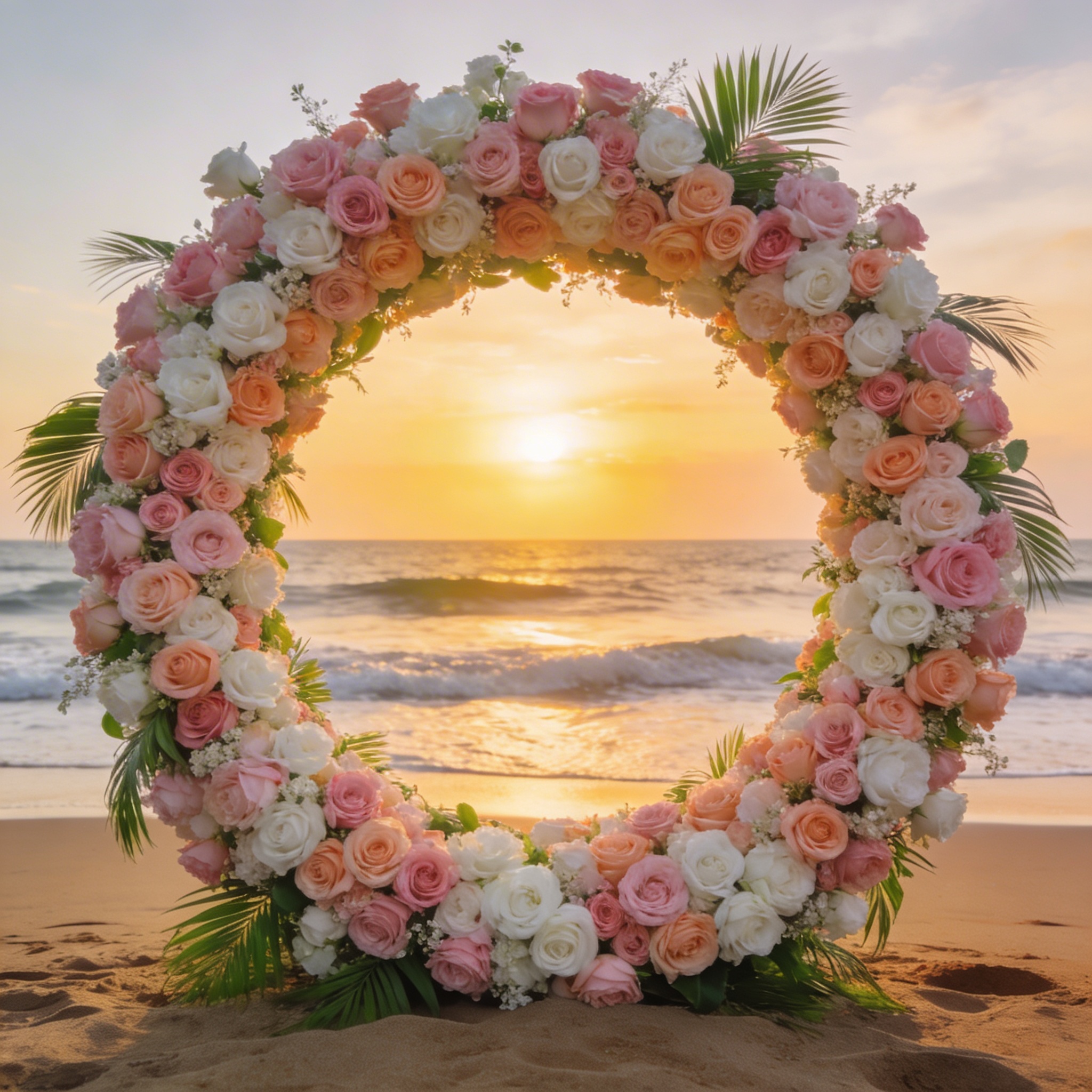 Circular floral arch on Goa beach at sunset