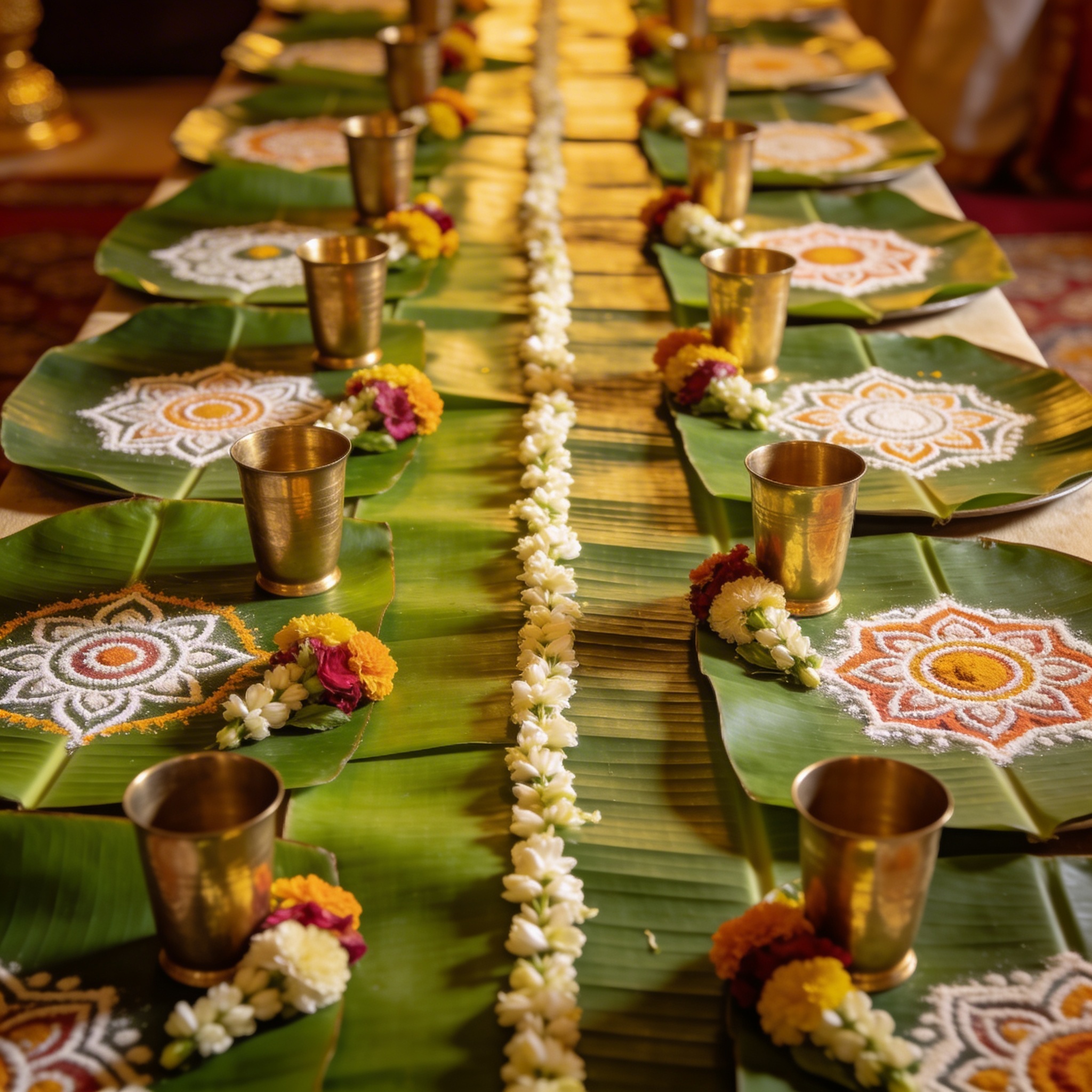 South Indian banana leaf feast with flower garlands