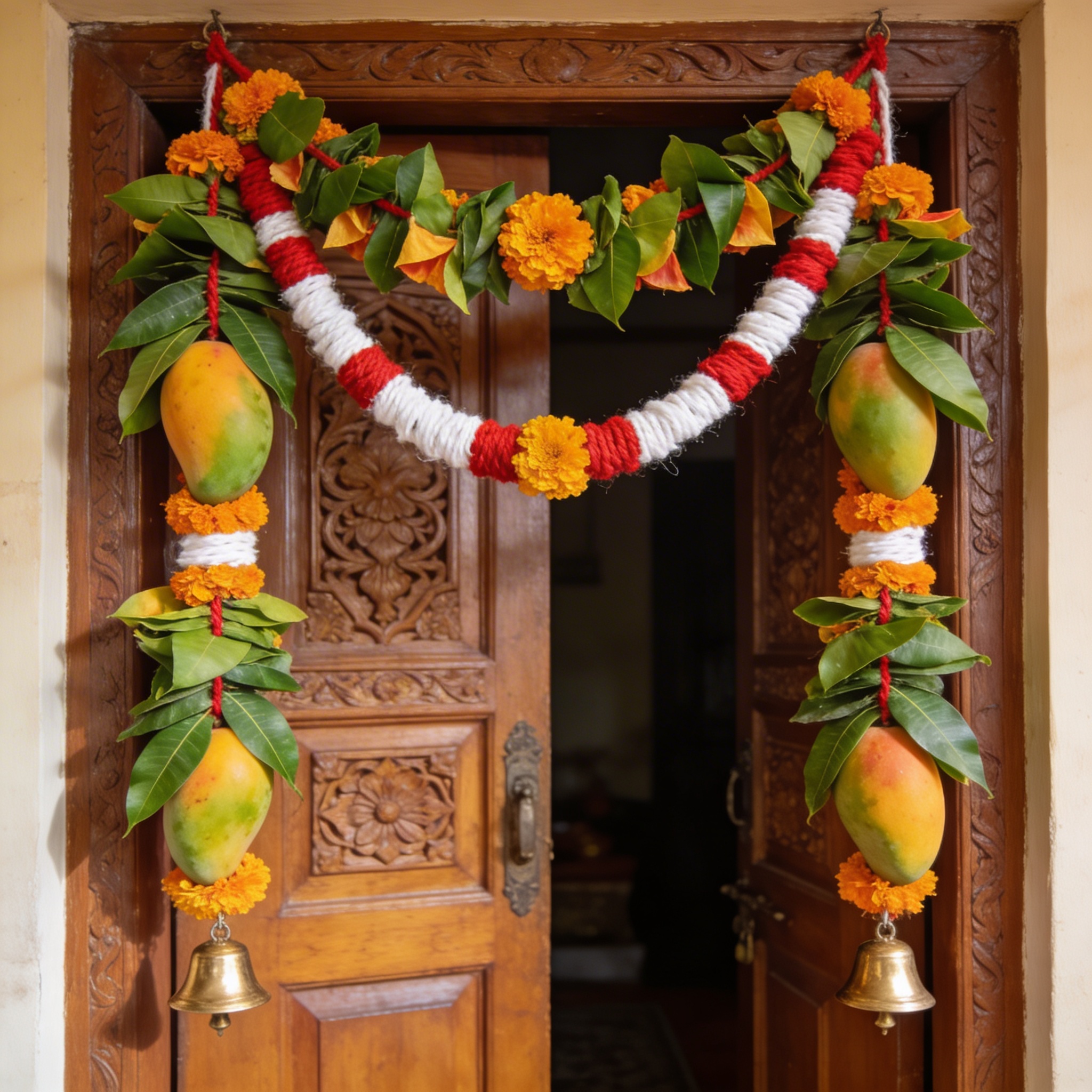 Traditional toran door hanging with mango leaves and marigold