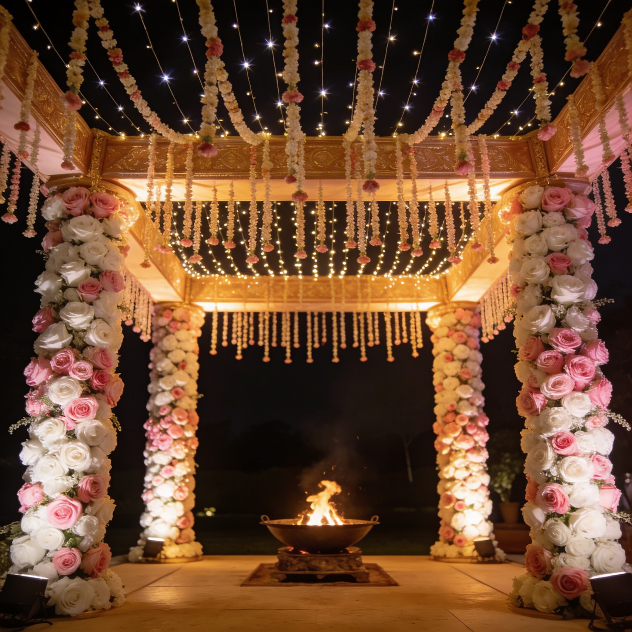 Four-pillar mandap glowing at night with LED and flowers