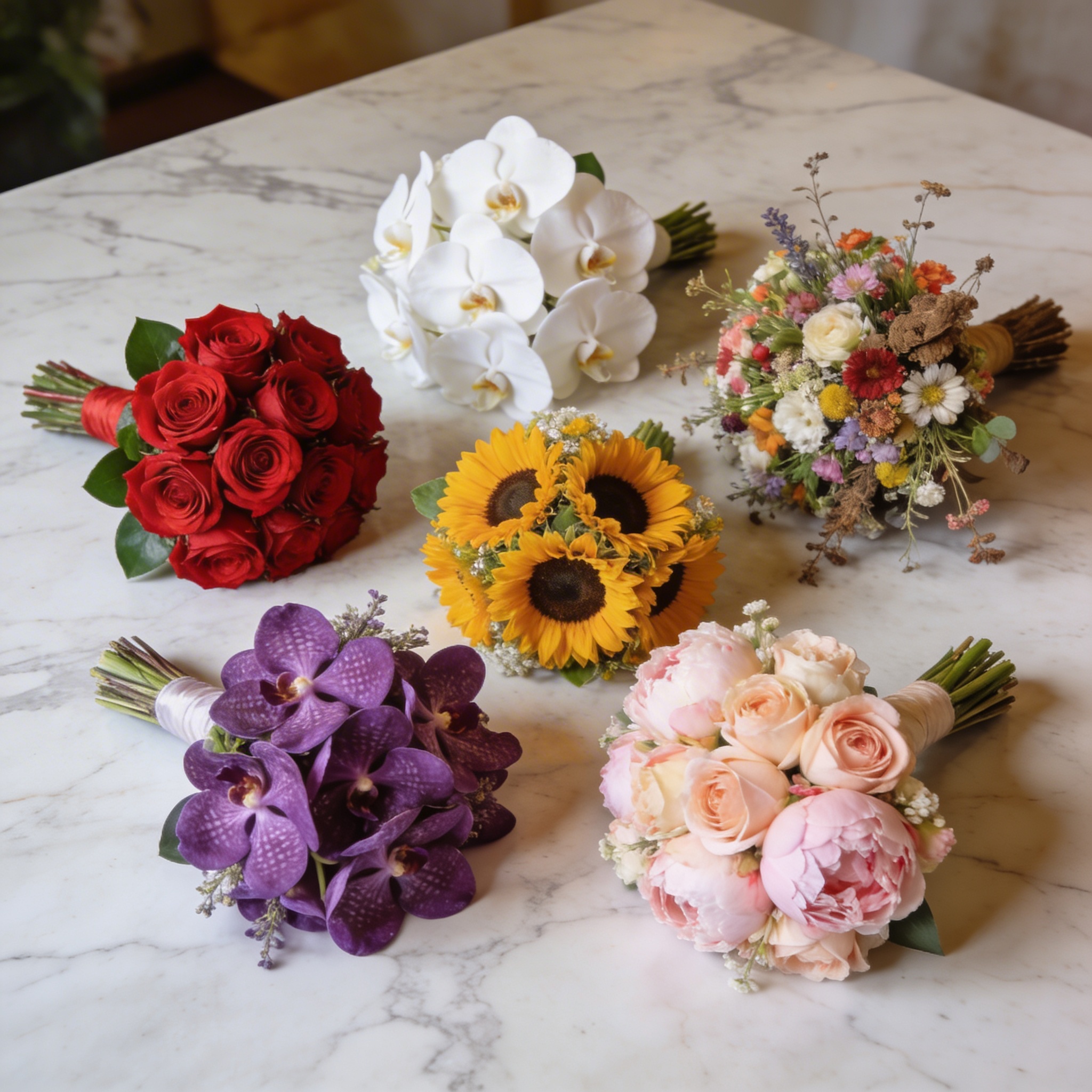 Six different wedding bouquet styles on marble