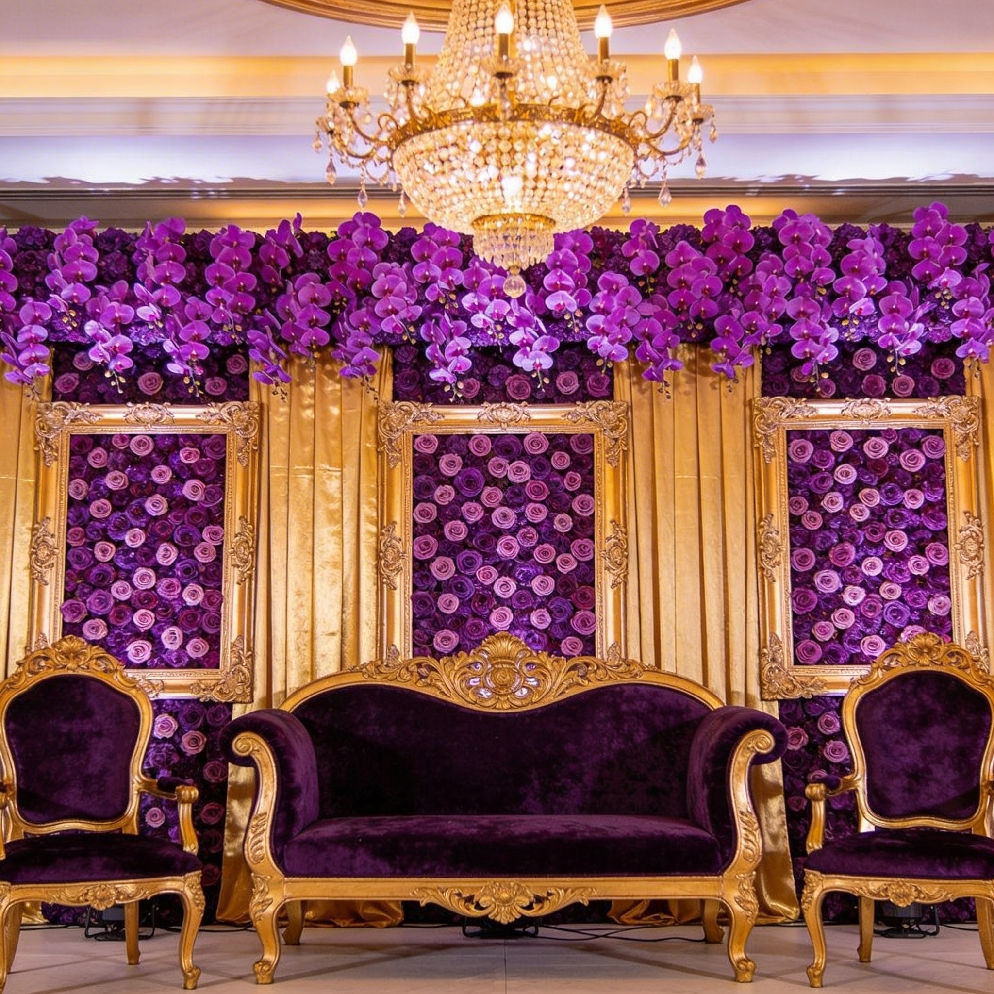 Royal purple and gold wedding stage with orchids