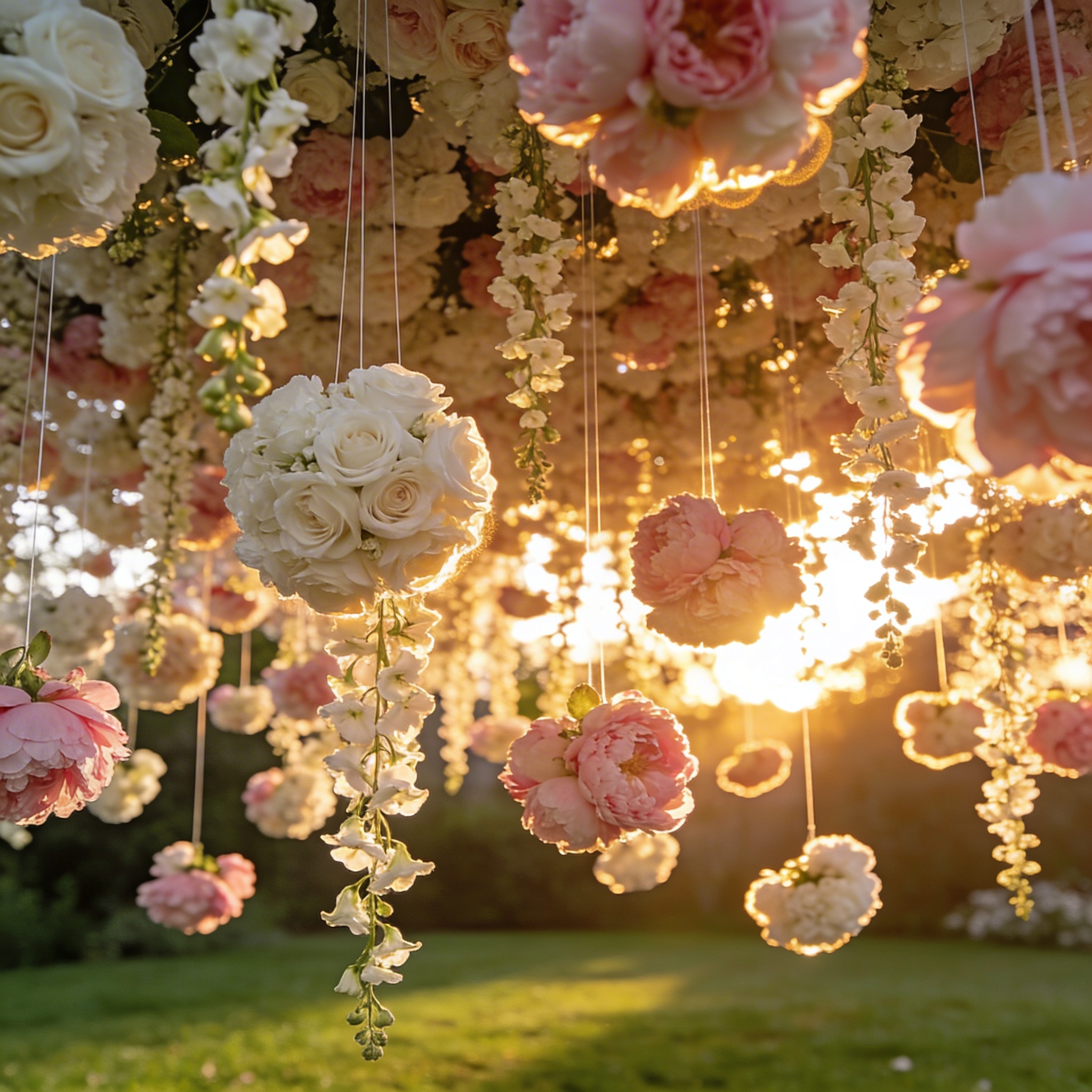 Floating flower cloud canopy from hanging rose clusters