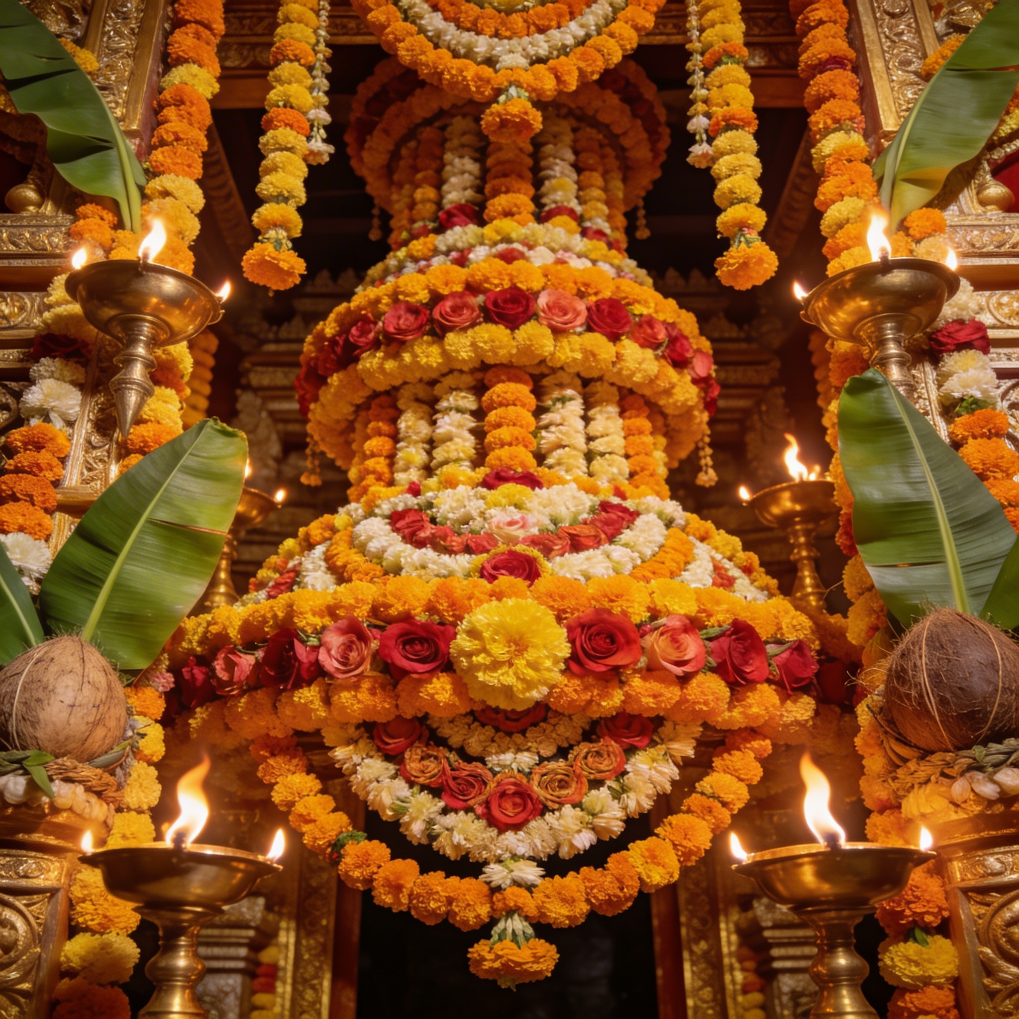Temple festival with massive marigold garland layers