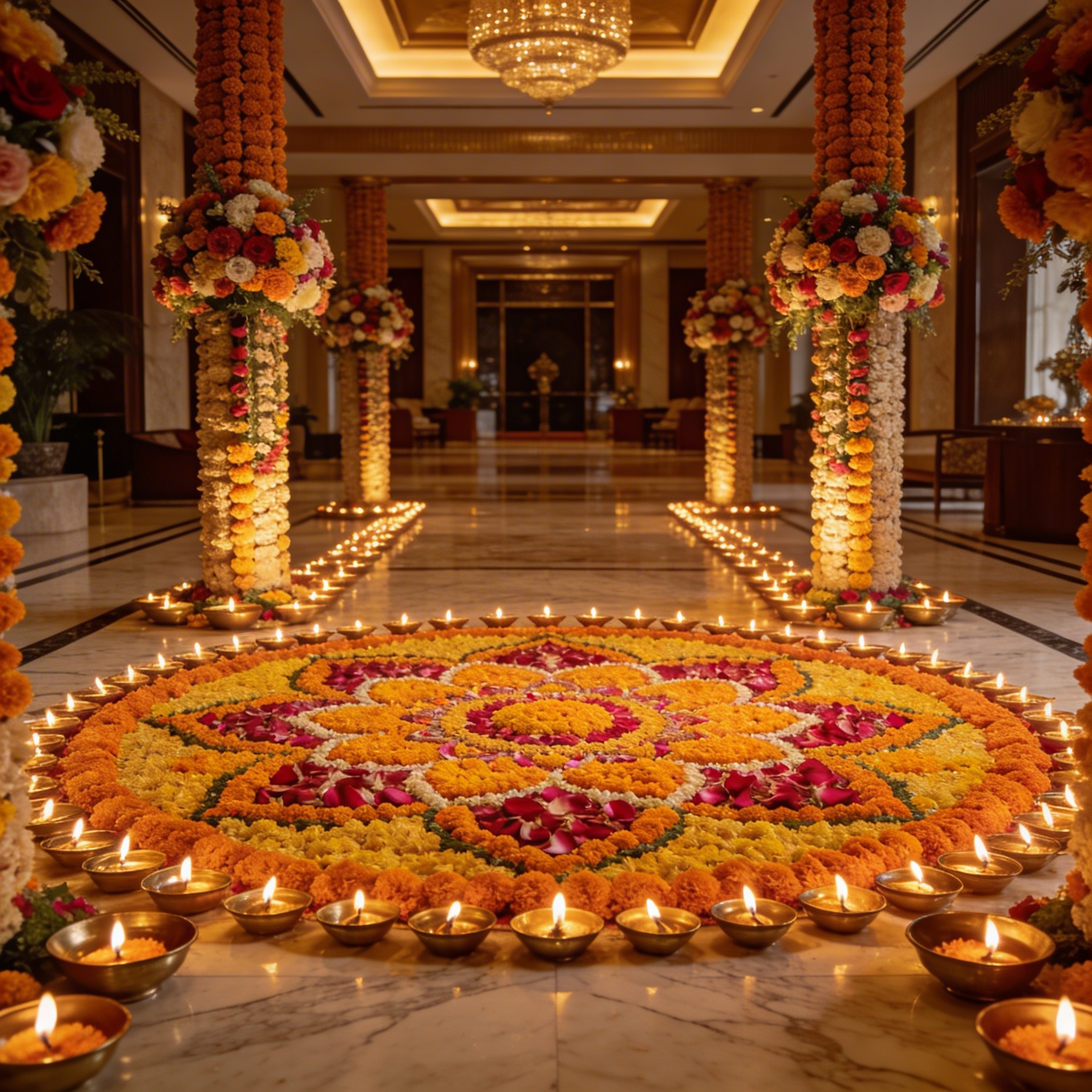 Five-star hotel lobby with flower rangoli for Diwali