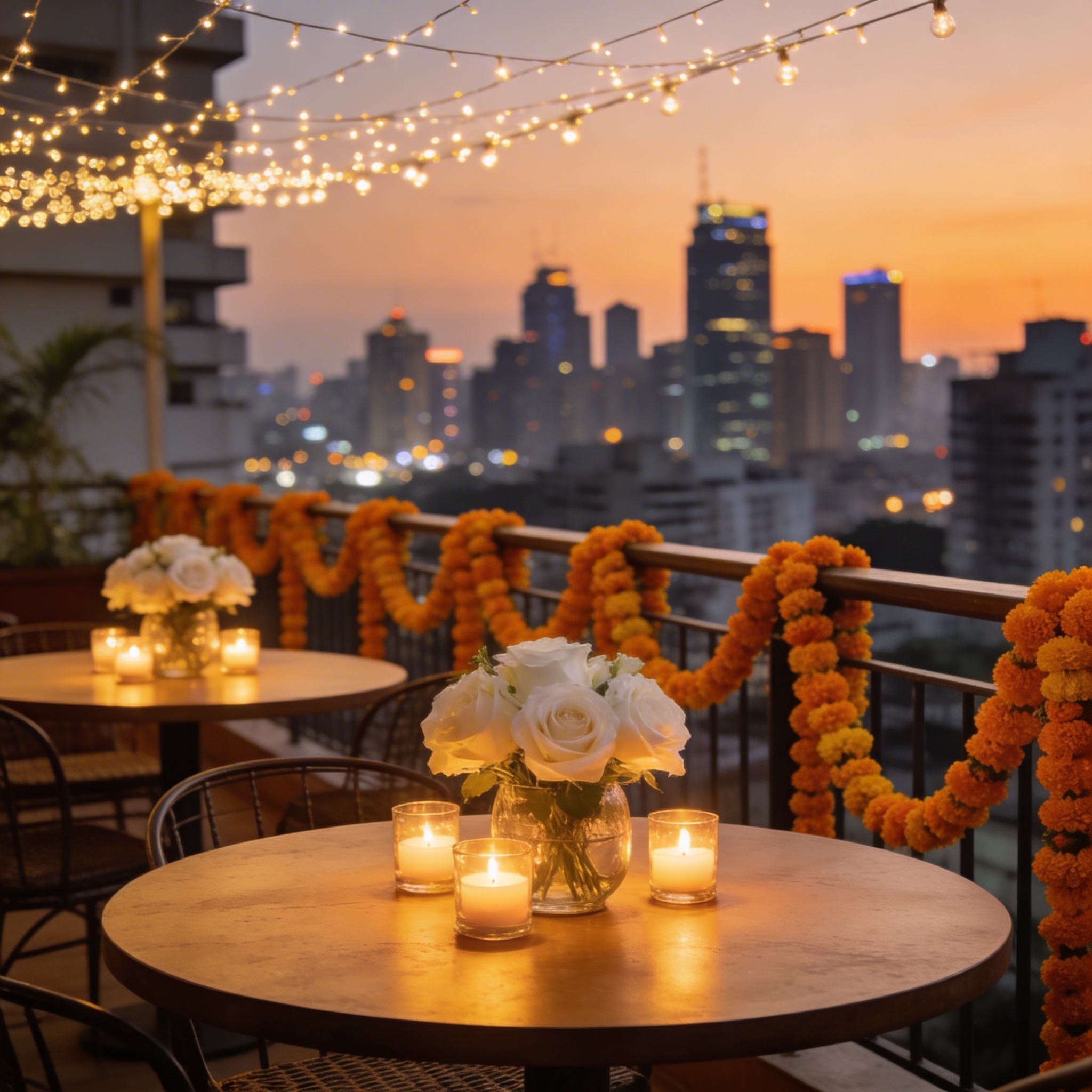 Mumbai rooftop dinner with rose centerpieces and skyline